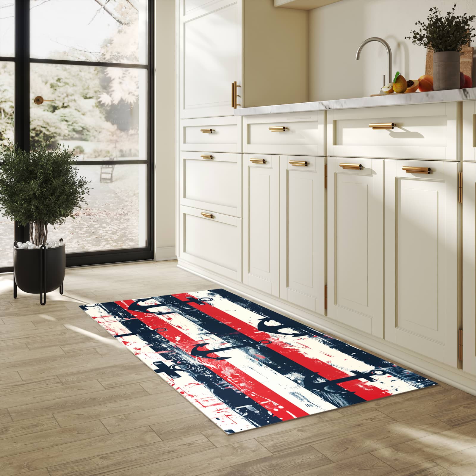 Langlebiger dünner Küchenteppich mit Motiv Anker Streifen in heller Küche