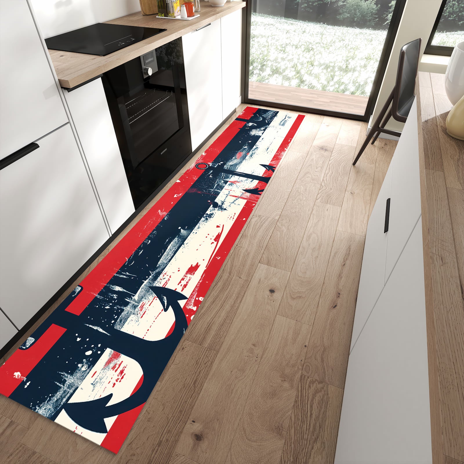 Hygienischer Küchenteppich mit Motiv Anker Streifen in moderner Küche - waschbar
