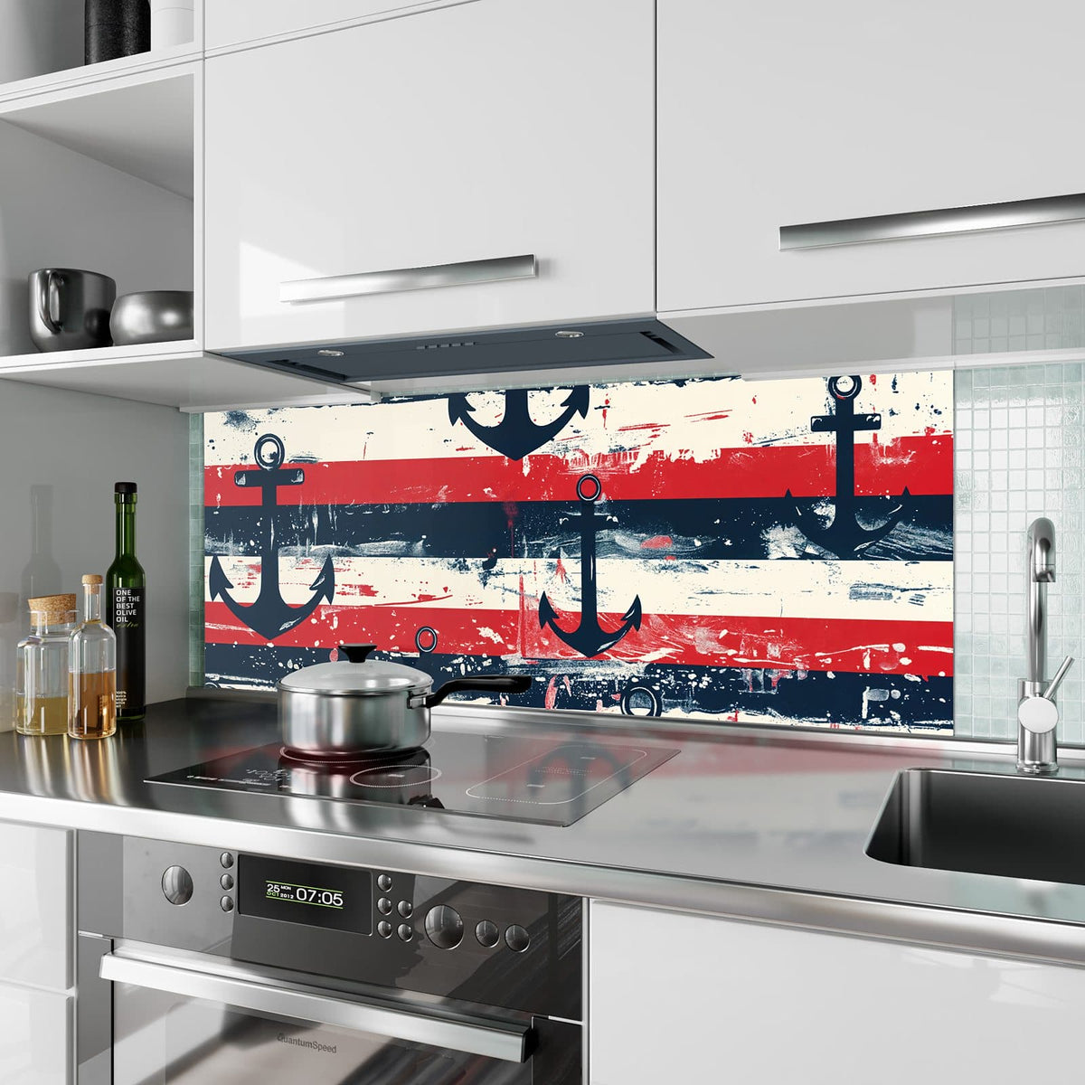 Küchenrückwand aus Glas Anker auf Streifen im Hochformat als Spritzschutz hinter dem Kochfeld, über dem Fliesenspiegel montiert