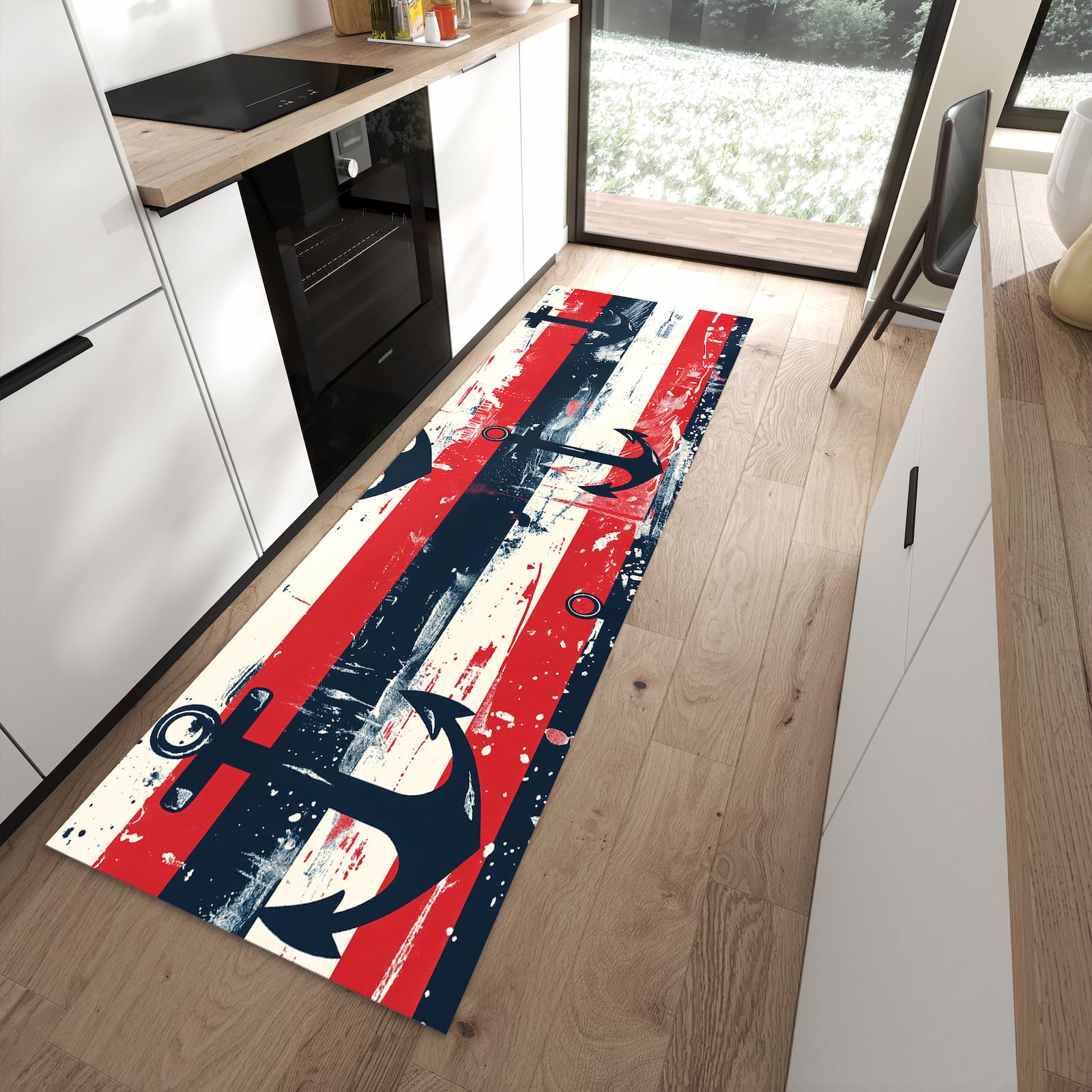Langlebiger Küchenläufer mit Motiv Anker Streifen in moderner Küche