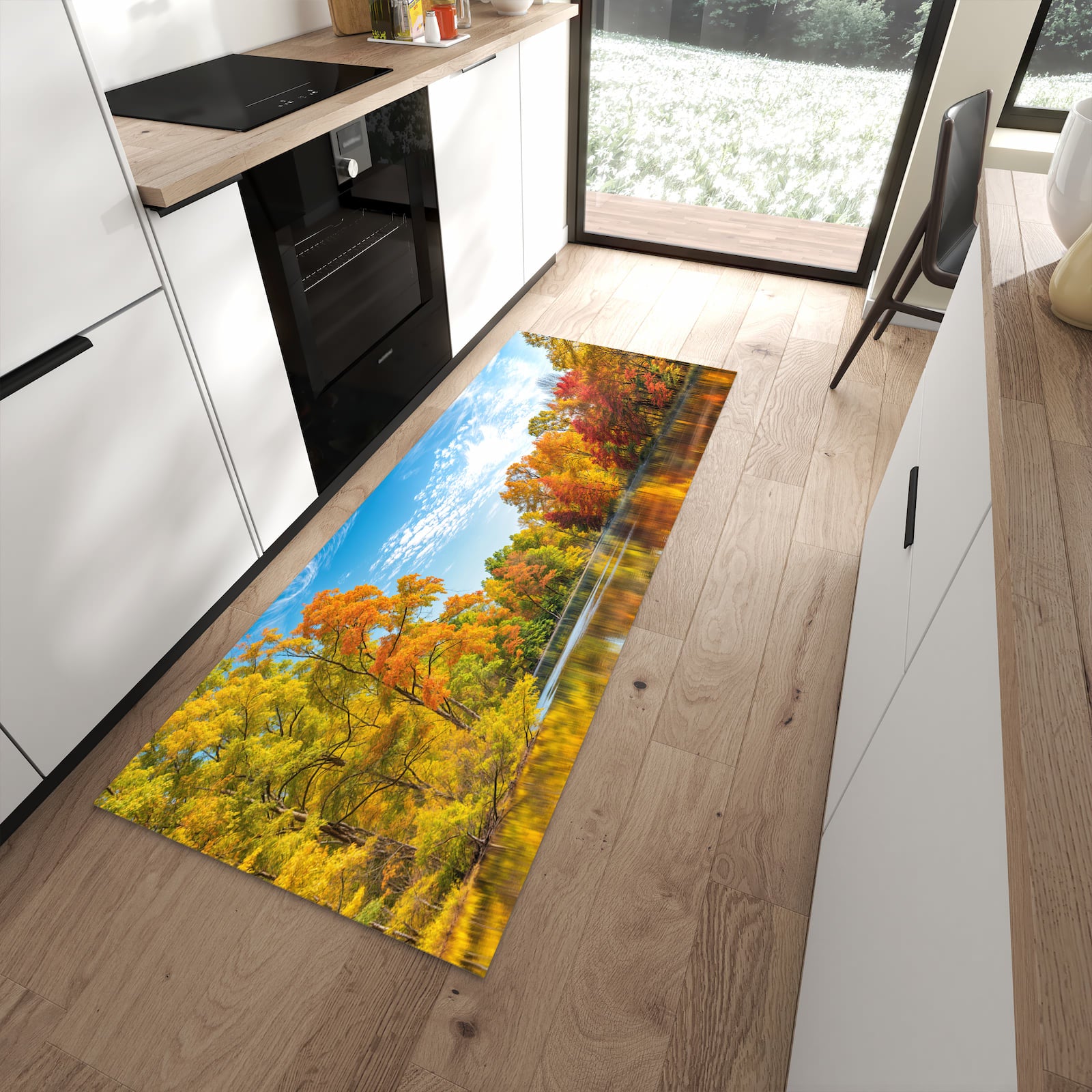 Wasserabweisender Teppich für Küche mit Motiv Herbstlicher See in moderner Küche