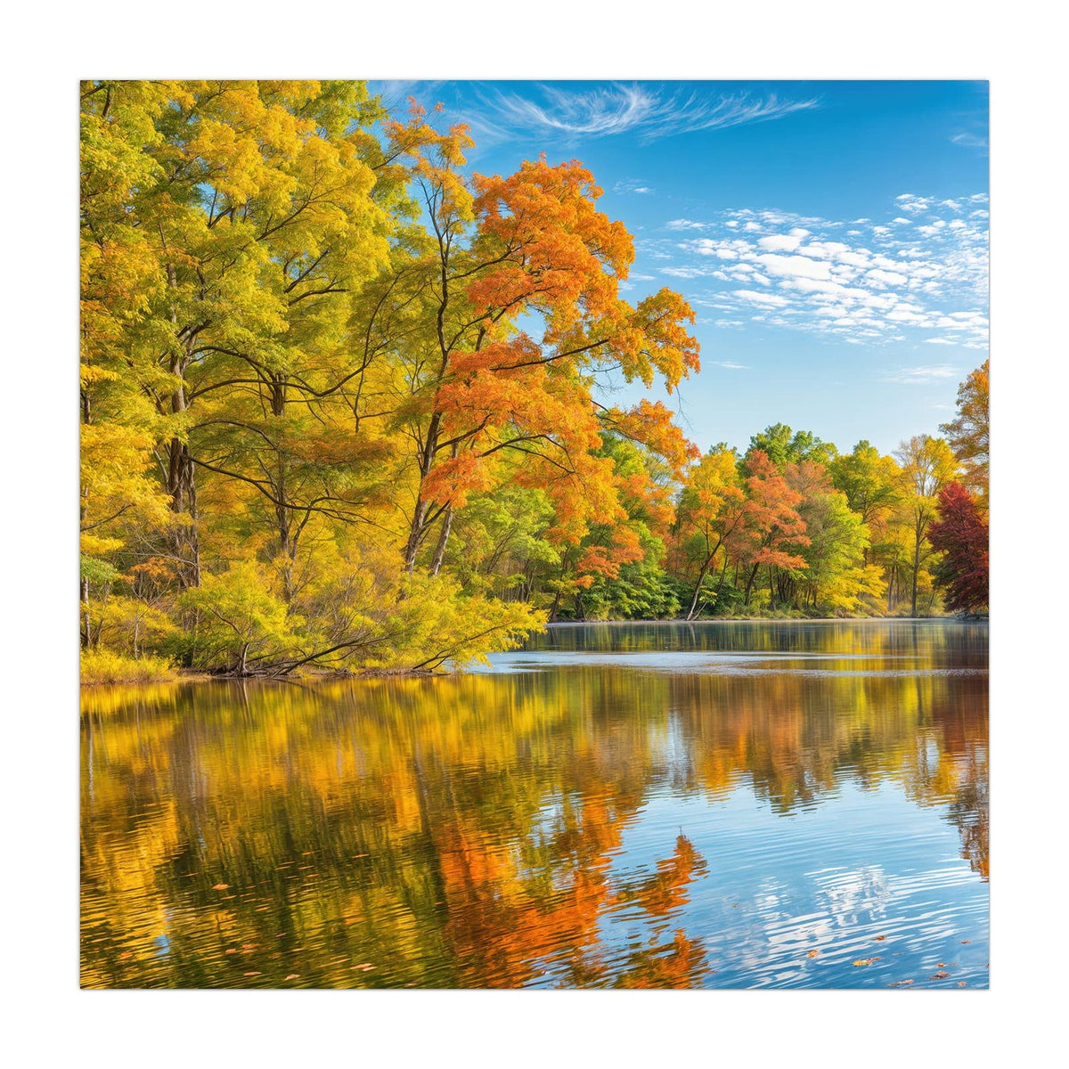 Küchenrückwand aus Glas Spiegelung im Herbstsee im quadratischen Format, Motiv bildfüllend von vorn