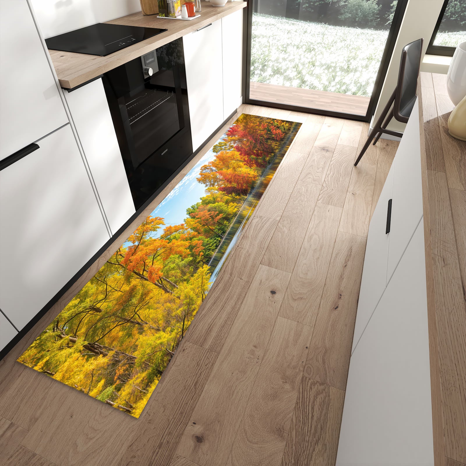 Abriebfester Küchenteppich mit Motiv Herbstlicher See in moderner Küche
