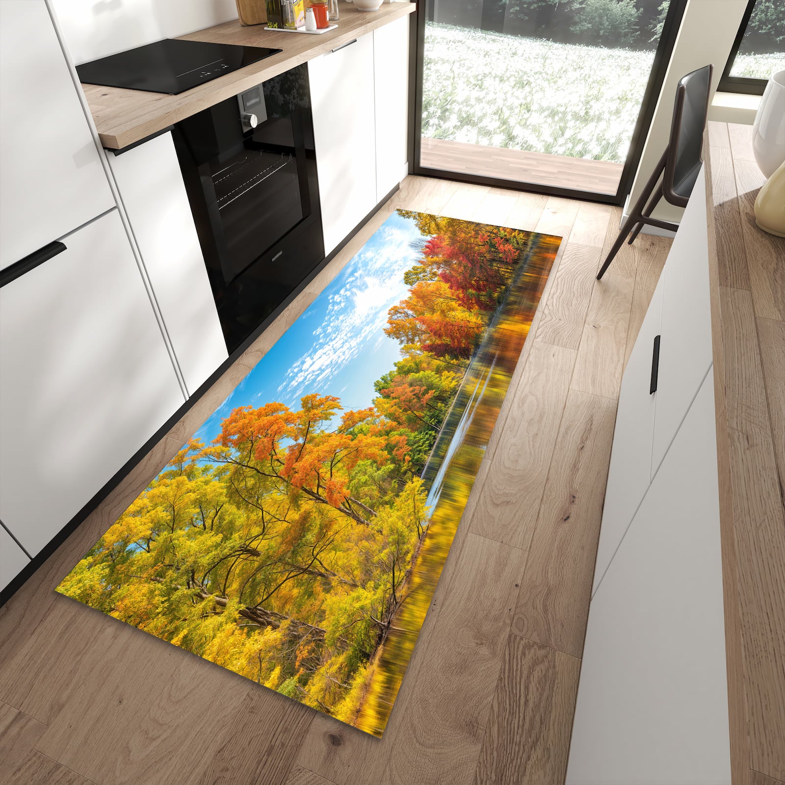 Flacher Küchenteppich mit Motiv Herbstlicher See in moderner Küche