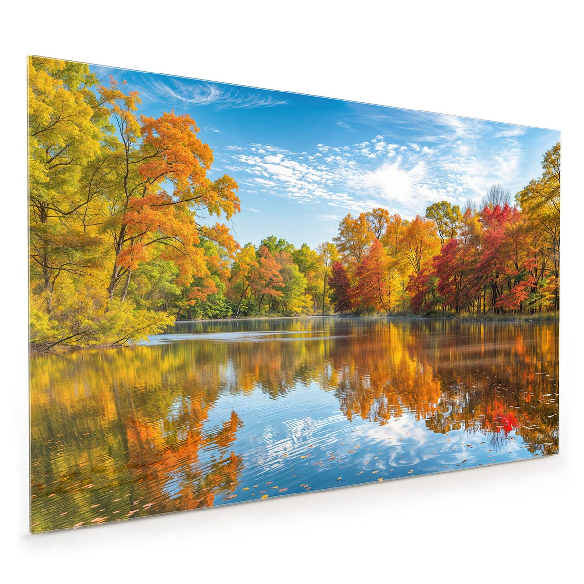 Küchenrückwand aus Glas im Hochformat mit Motiv Spiegelung im Herbstsee: Bunt gefärbte Laubbäume am Seeufer, klar gespiegelt im ruhigen Wasser, blauer Himmel