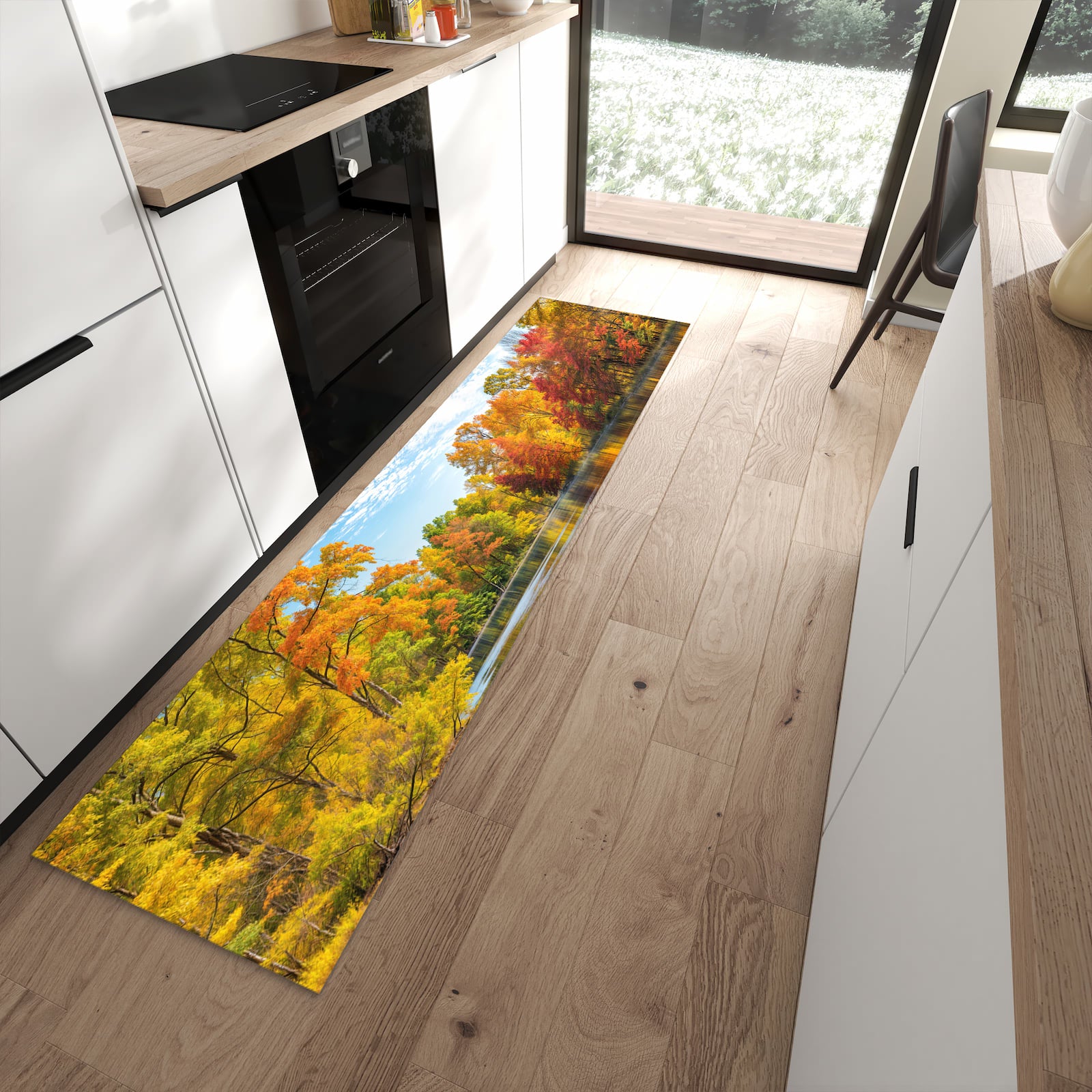 Geräuschdämpfender abwaschbarer Küchenläufer mit Motiv Herbstlicher See in moderner Küche