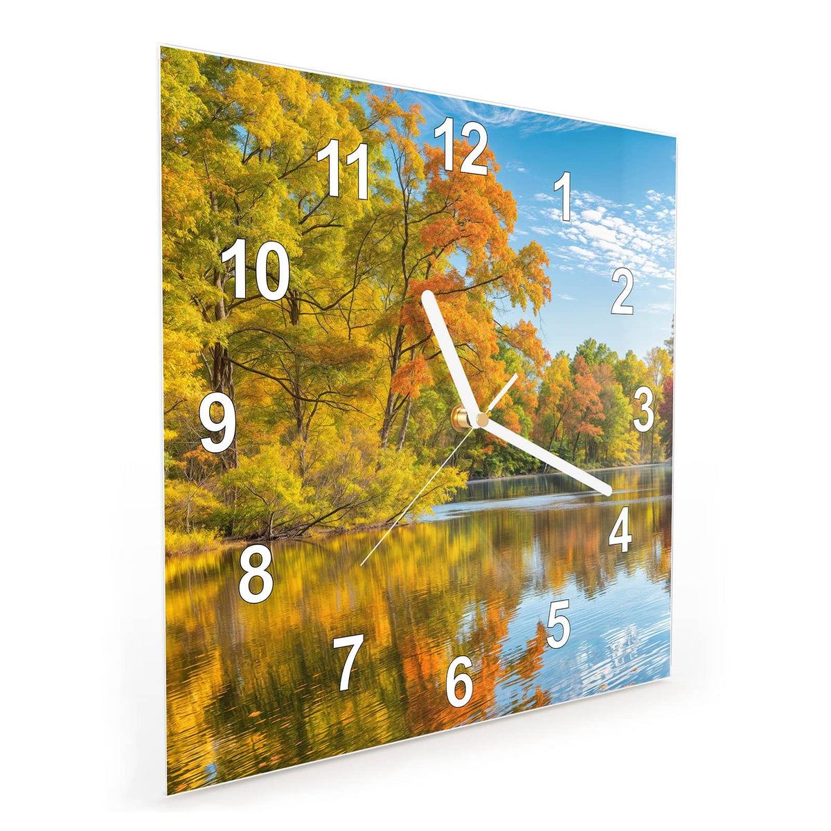 Quadratische Wanduhr aus Glas Spiegelung im Herbstsee schräg von der Seite, 4 mm starkes Glas