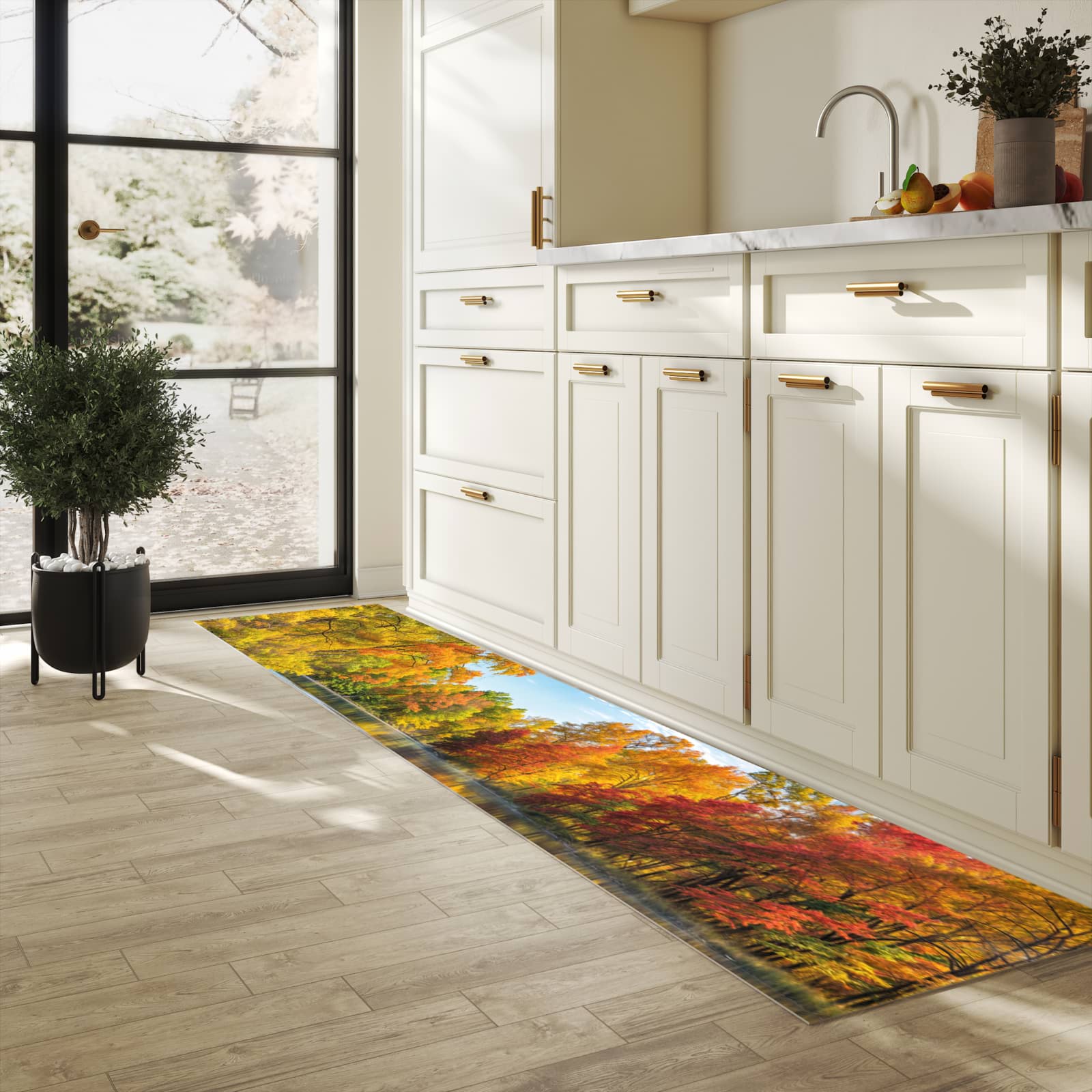 Waschbarer Küchenteppich mit Motiv Herbstlicher See in heller Küche