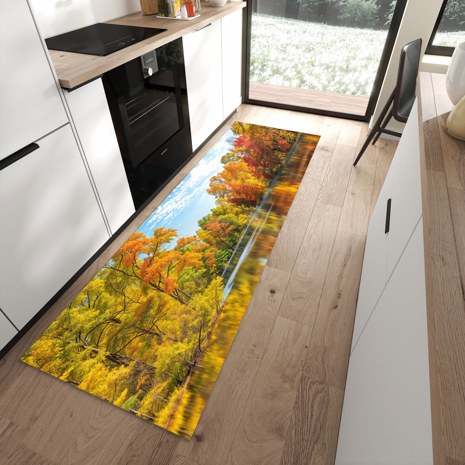 Fleckenresistenter Küchenteppich mit Motiv Herbstlicher See in moderner Küche
