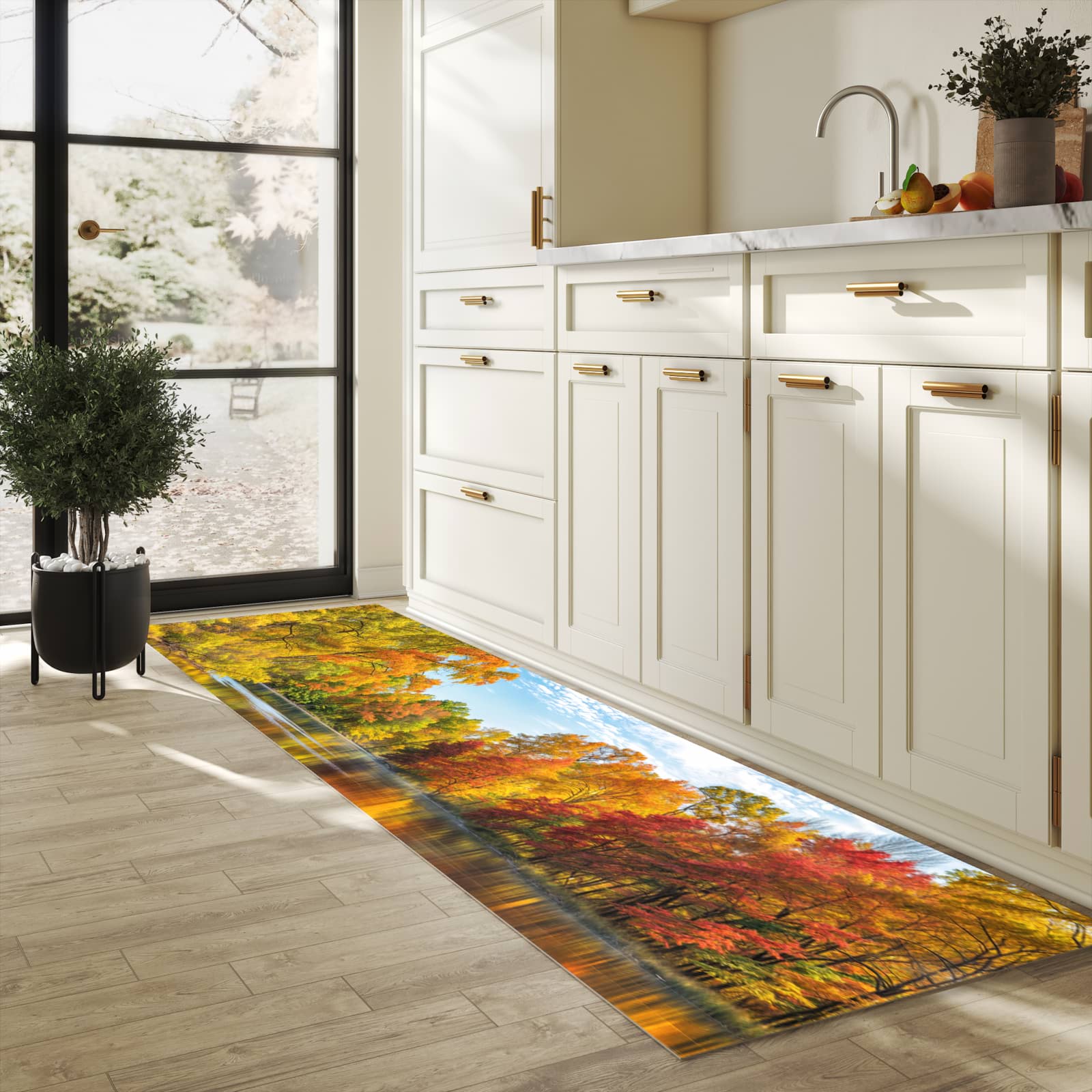Läufer für die Küche mit Motiv Herbstlicher See in heller Küche für Ordnung