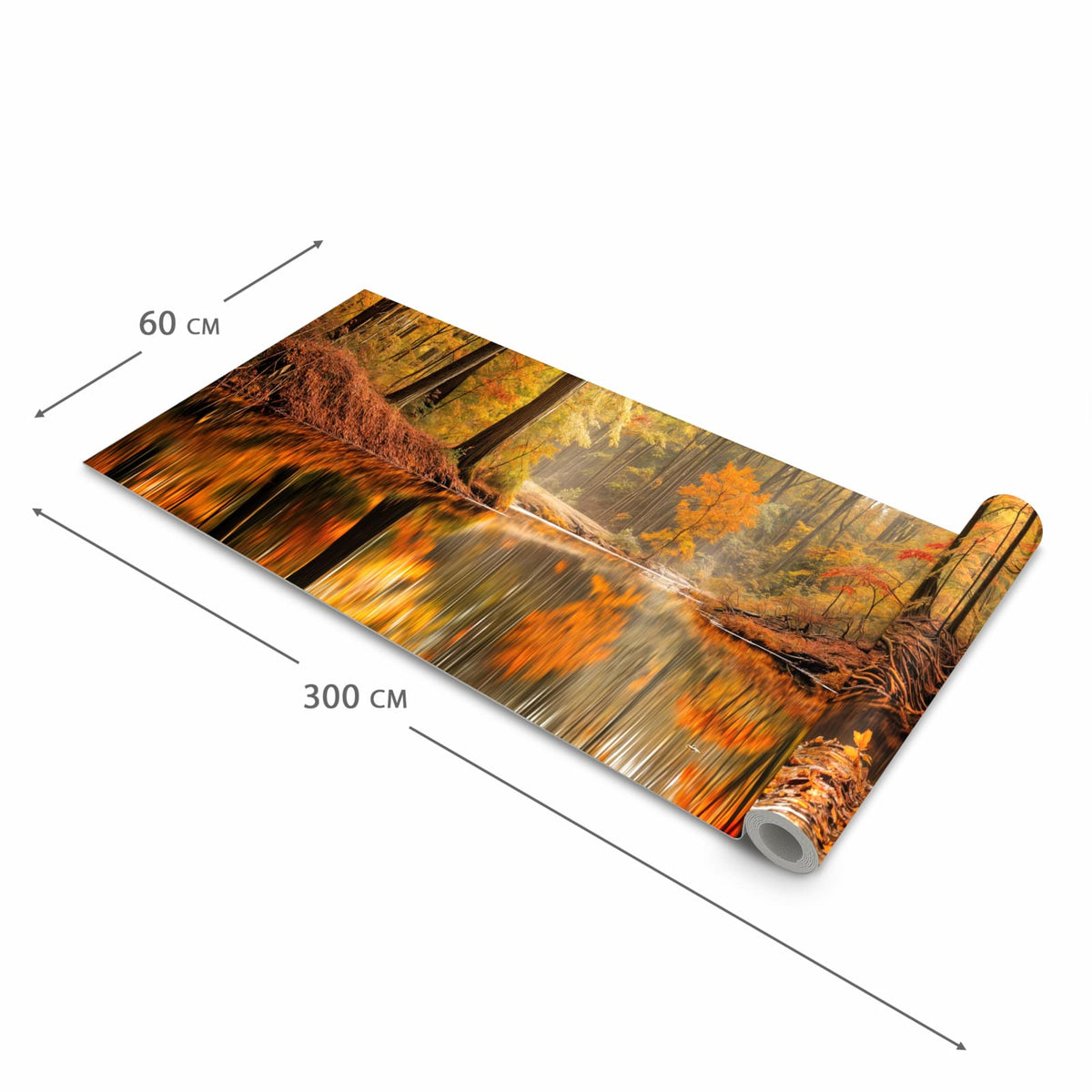 Langlebiger dünner Küchenteppich mit Motiv Herbstwald am See in der Grösse 60x240 cm