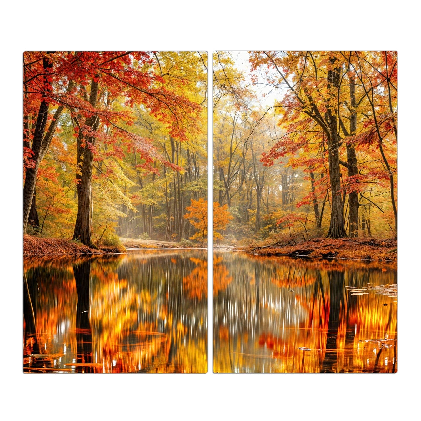 2-teilige Herdabdeckplatten für Ceranfeld mit Herbstwald am See-Motiv in der Frontansicht #grösse_2-Teilig (60x52cm)