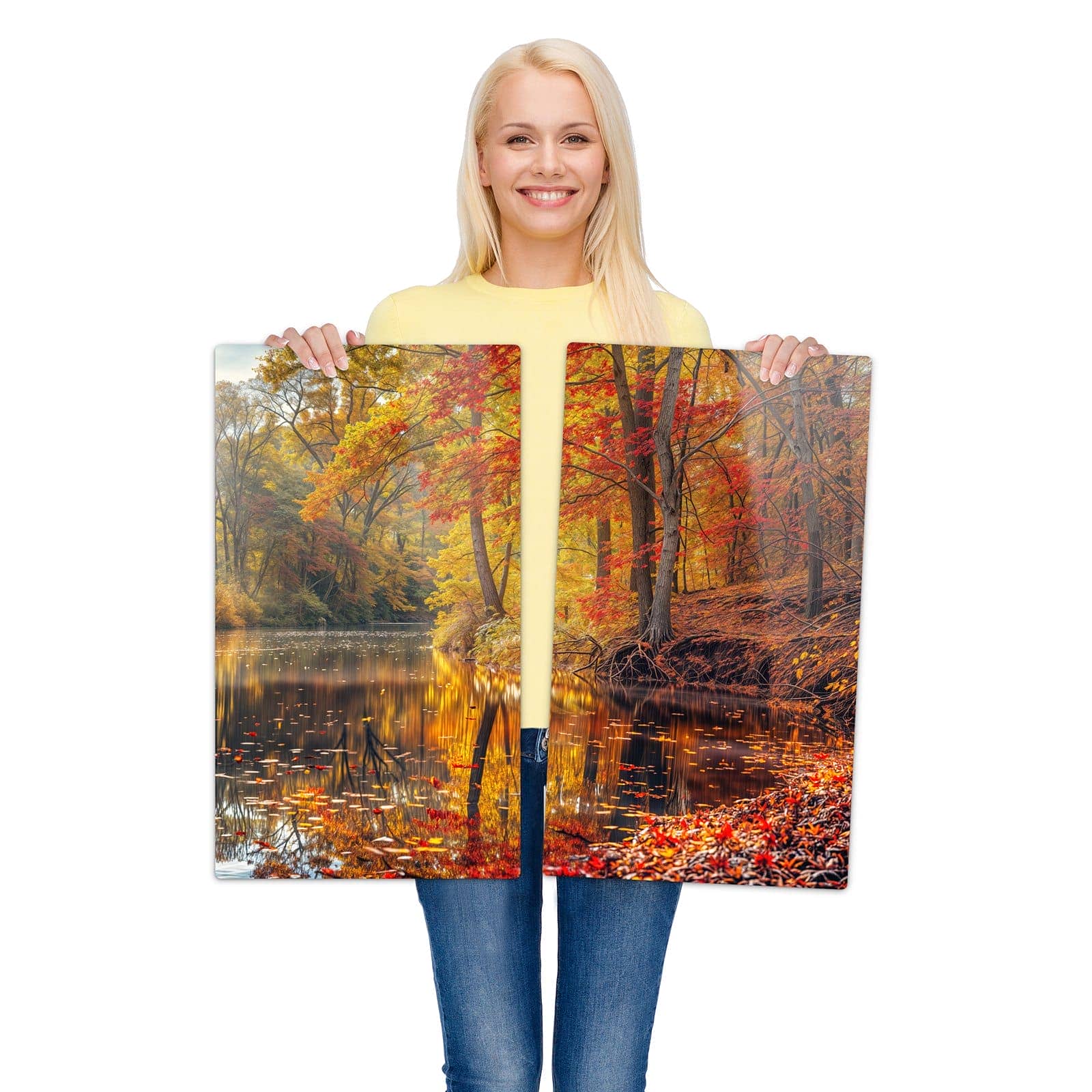2-teilige Herdabdeckplatten für Ceranfeld mit Herbstwald See-Motiv wird zur Größendarstellung gehalten