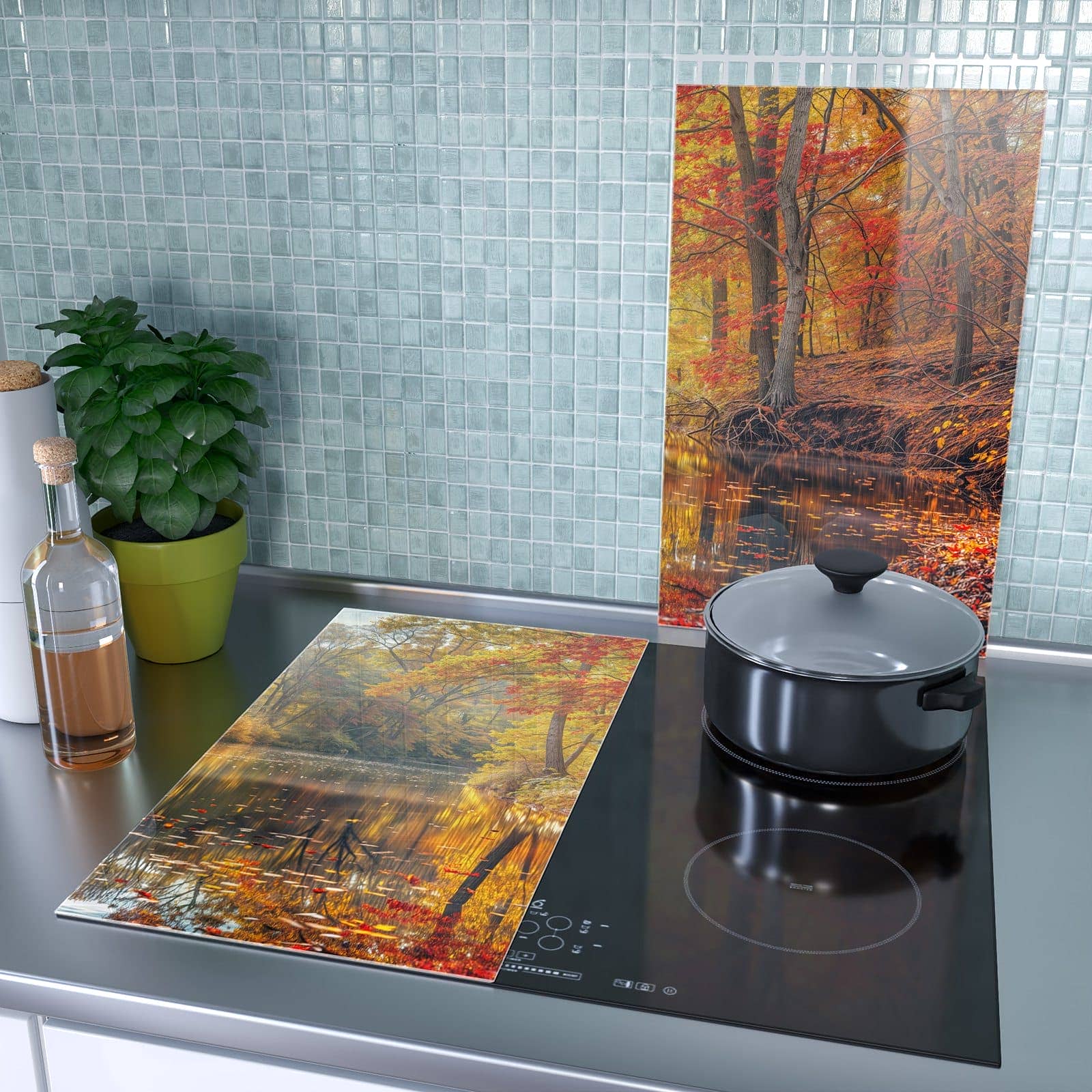 2-teilige Abdeckung für Herdplatten mit Herbstwald See-Motiv als Spritzschutz hinter dem Kochfeld