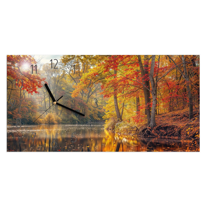Wanduhr Herbstwald See aus Glas – Querformat 60 × 30 cm mit Ziffernblatt Elegant