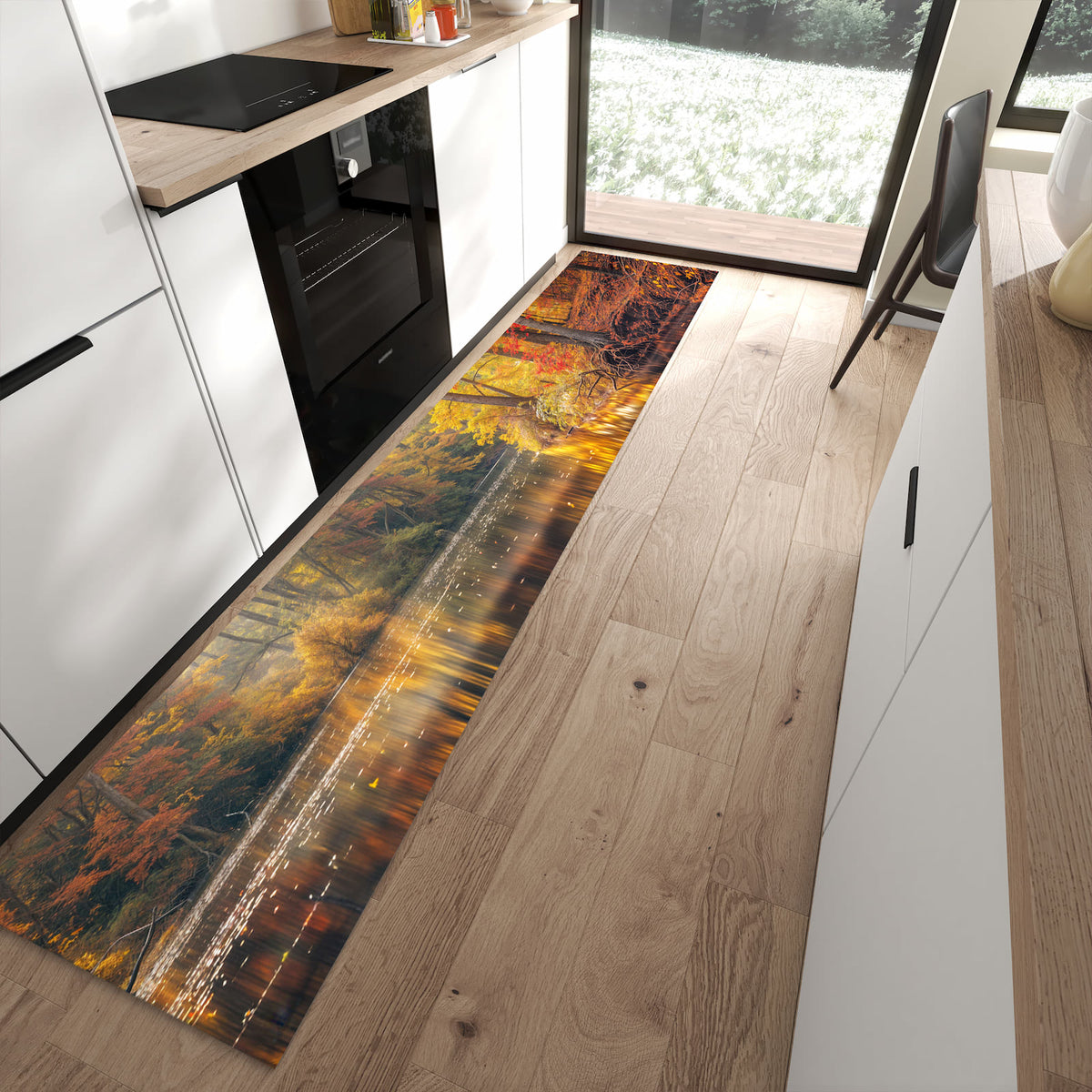 Wasserabweisender Bodenläufer mit Motiv Herbstwald See in moderner Küche