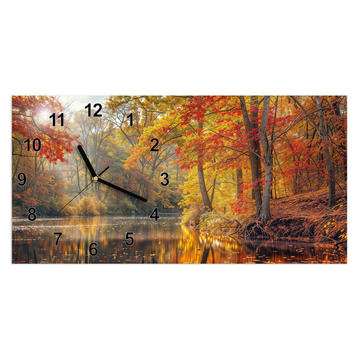 Wanduhr Herbstwald See aus Glas – Querformat 60 × 30 cm mit Ziffernblatt Modern