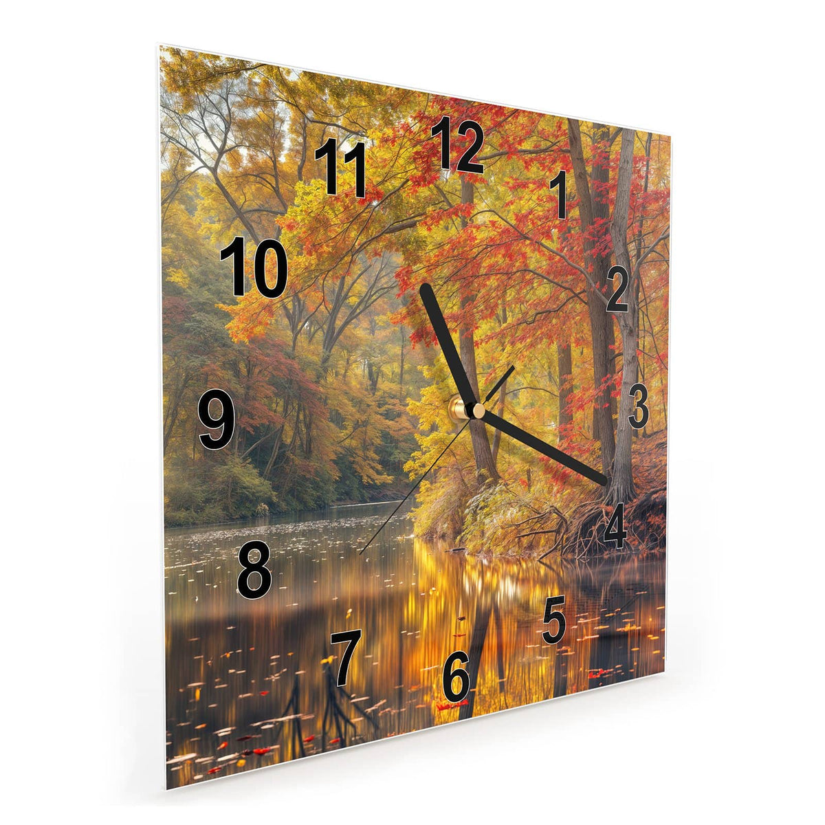Quadratische Wanduhr aus Glas Herbstfarben am Seeufer schräg von der Seite, 4 mm starkes Glas