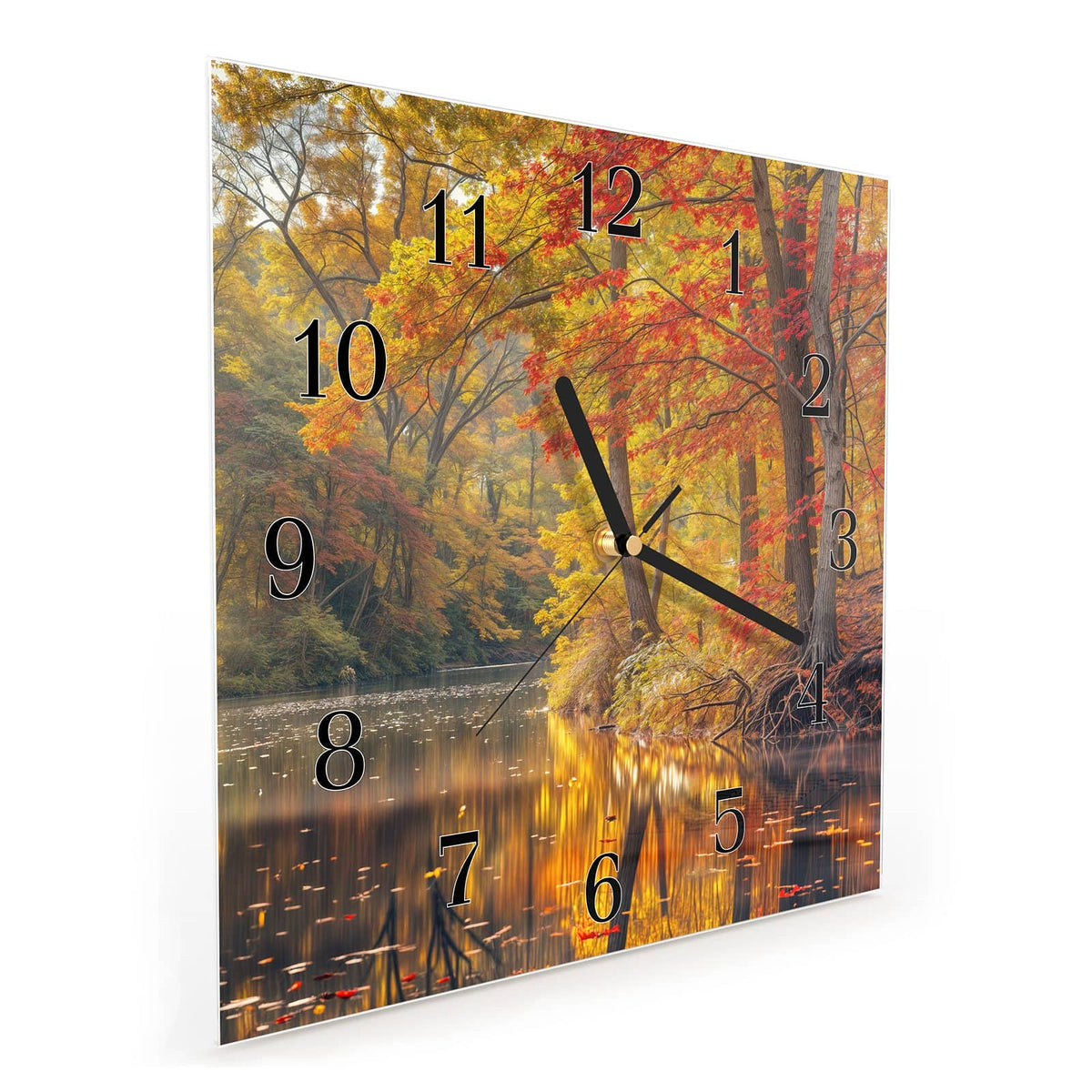 Quadratische Wanduhr aus Glas Herbstfarben am Seeufer schräg von der Seite, 4 mm starkes Glas