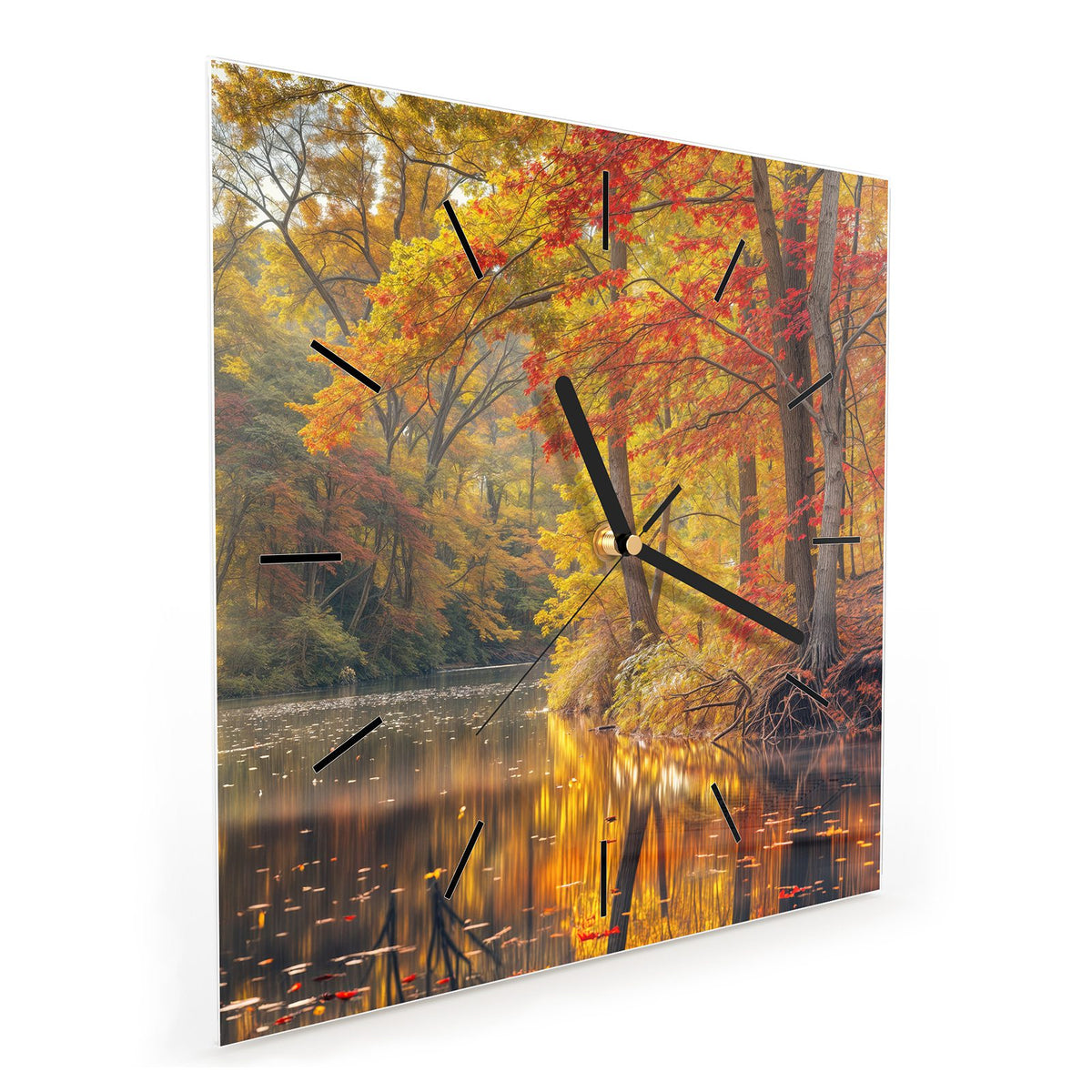 Quadratische Wanduhr aus Glas Herbstfarben am Seeufer schräg von der Seite, 4 mm starkes Glas