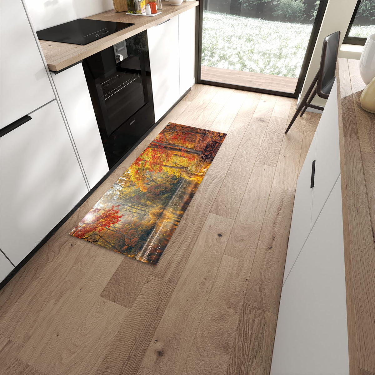 Geräuschdämpfender dünner Küchenteppich mit Motiv Herbstwald See in moderner Küche #grösse_60 x 150 cm