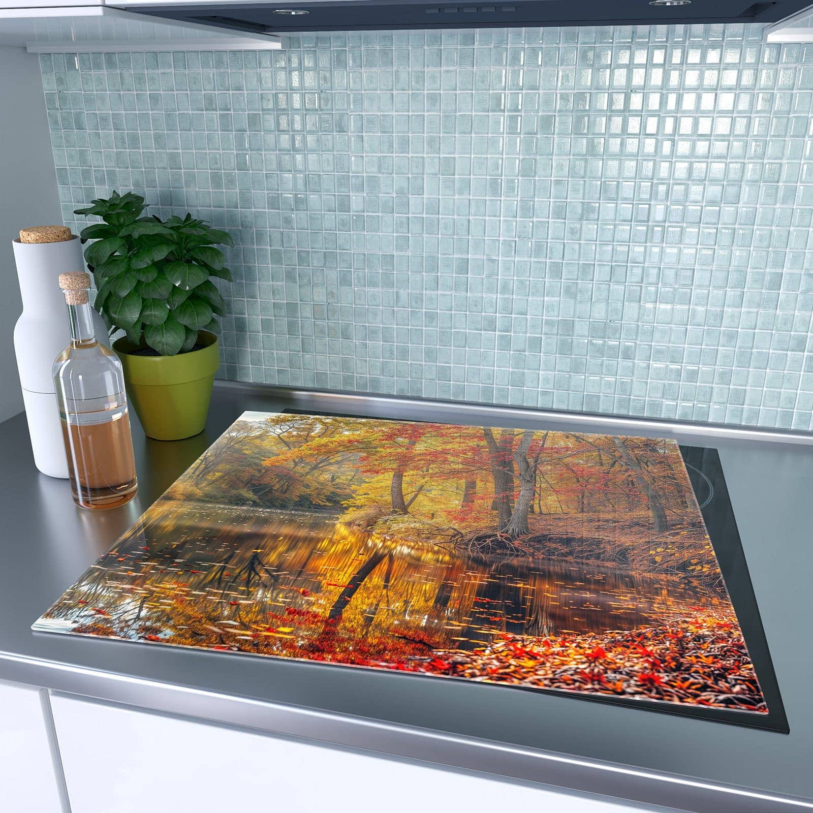 1-teilige Abdeckplatte für Induktionsherd mit Herbstwald See-Motiv auf dem Ceranfeld