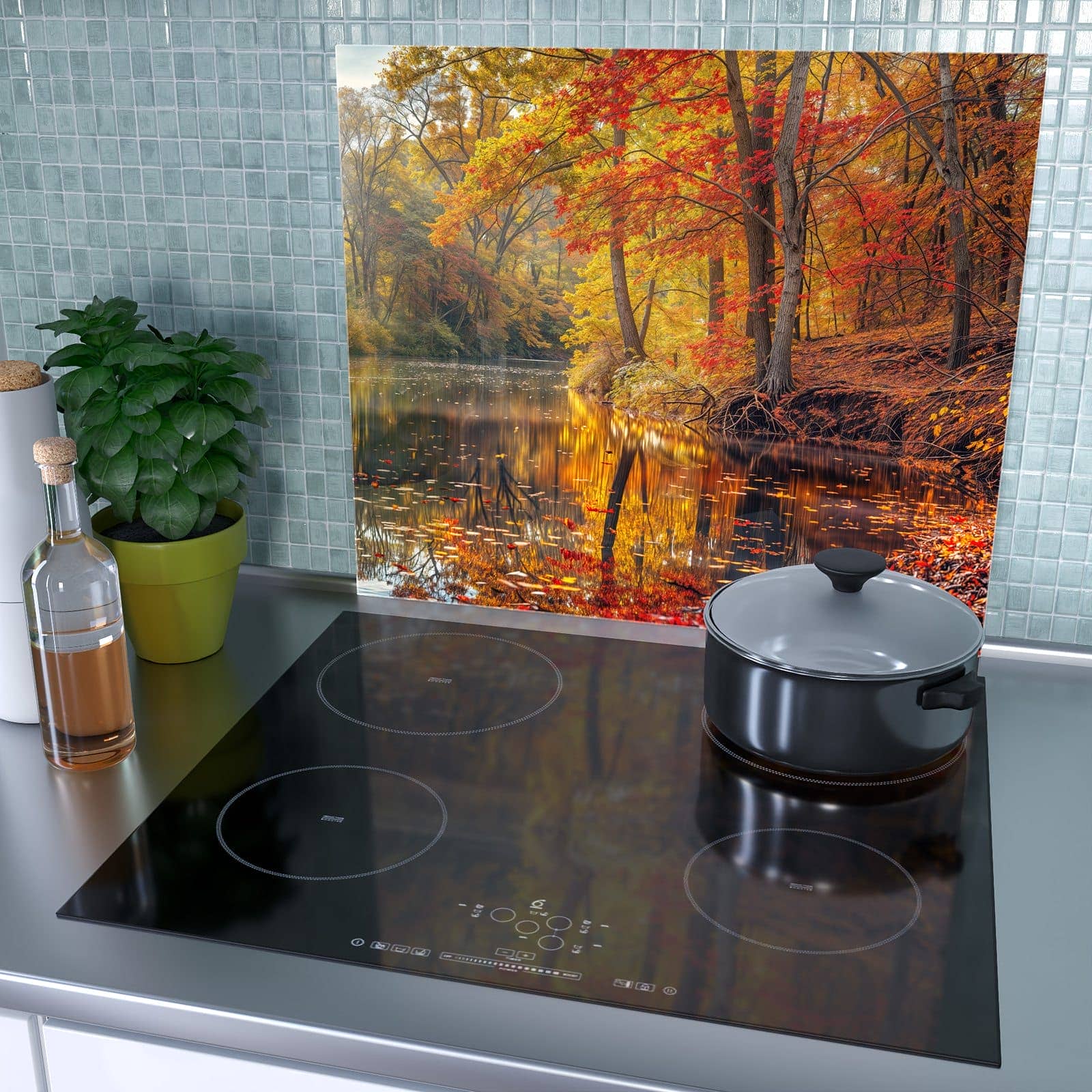 1-teilige Herdabdeckung mit Herbstwald See-Motiv als Spritzschutz hinter dem Kochfeld