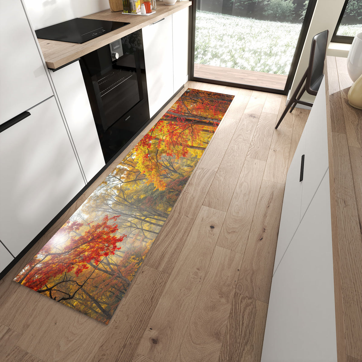 Rutschfester Küchenteppich mit Motiv Herbstwald See für Trittkomfort in moderner Küche