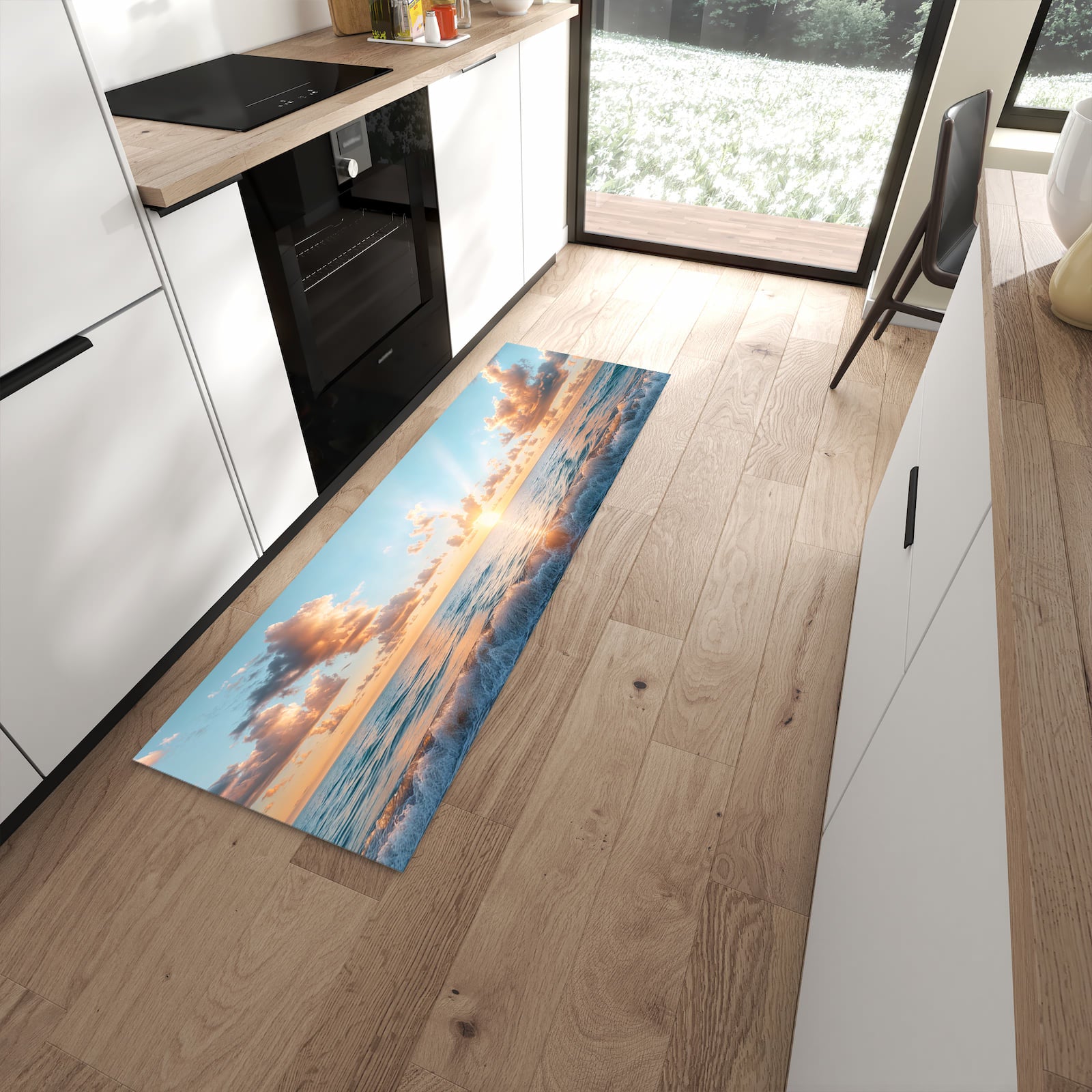 Strapazierfähiger Küchenvorleger mit Motiv Strand Sonnenuntergang in moderner Küche