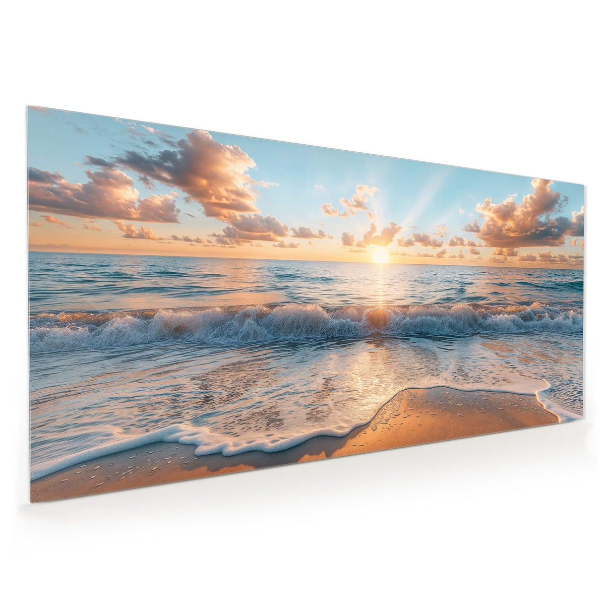 Küchenrückwand aus Glas im Hochformat mit Motiv Sonne über der Brandung: Kleine helle Sonne knapp über dem Horizont