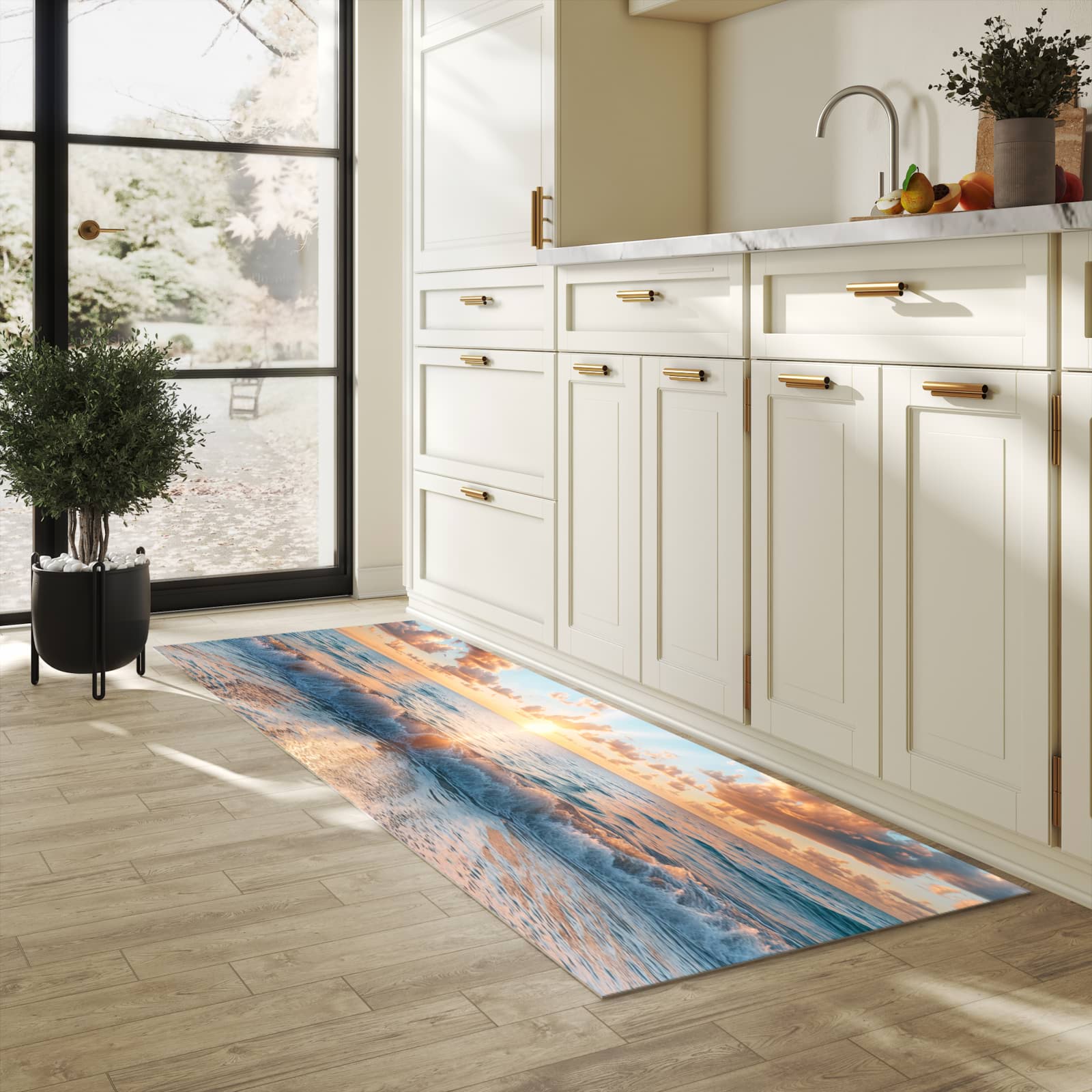 Flacher Läufer mit Motiv Strand Sonnenuntergang für rutschfesten Halt in heller Küche