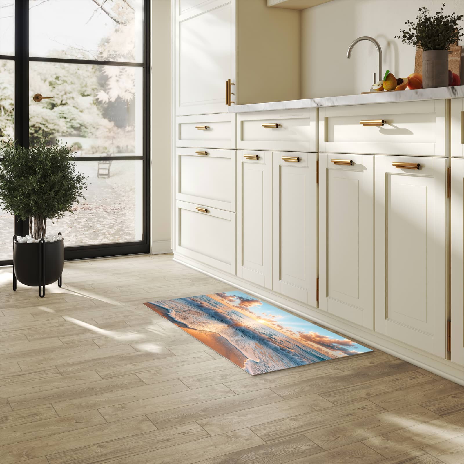 Abriebfester waschbarer Teppich Küche mit Motiv Strand Sonnenuntergang in heller Küche