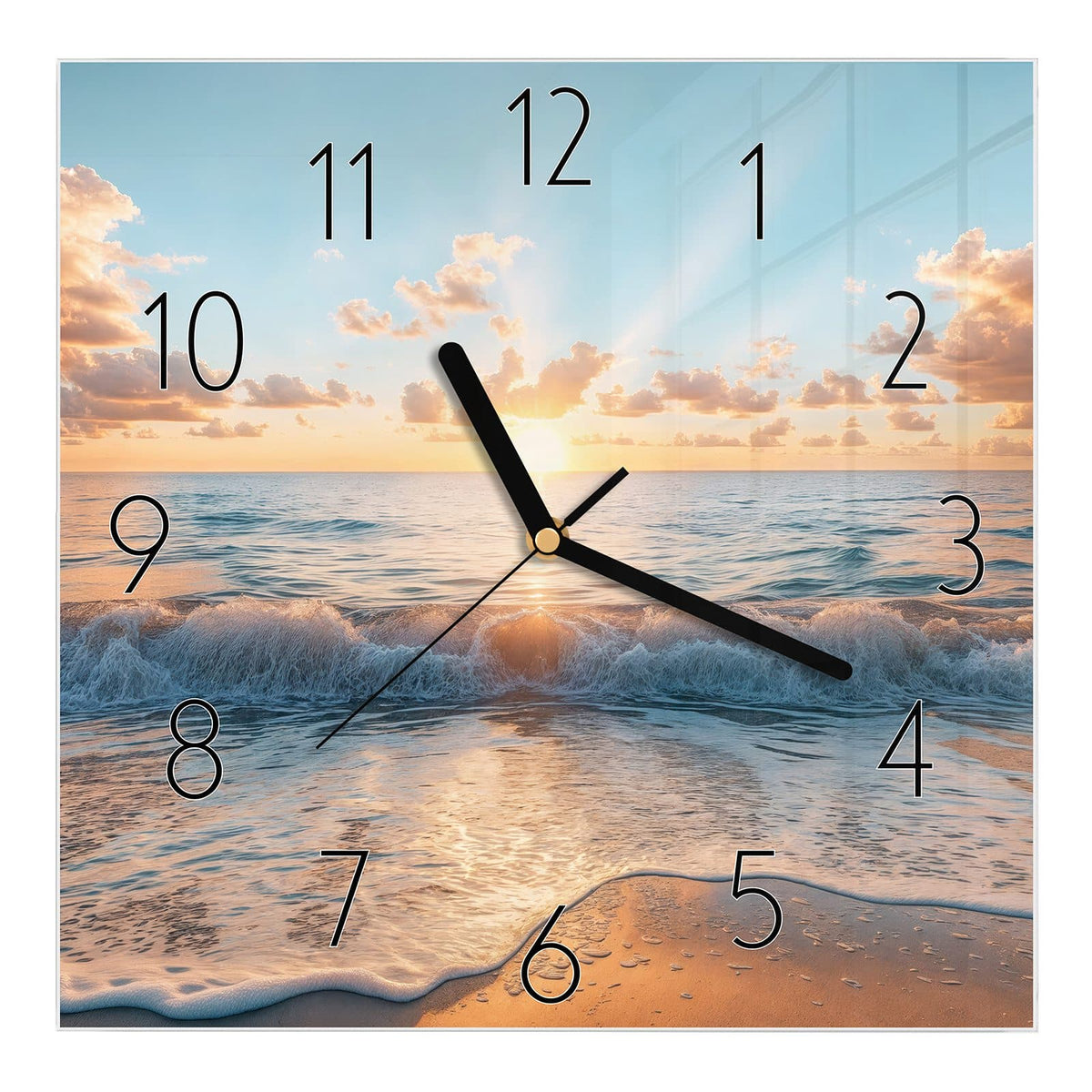 Wanduhr aus Glas, Ziffernblatt Elegant mit Motiv Sonne über der Brandung: Kleine helle Sonne knapp über dem Horizont #ziffernblatt_Elegant