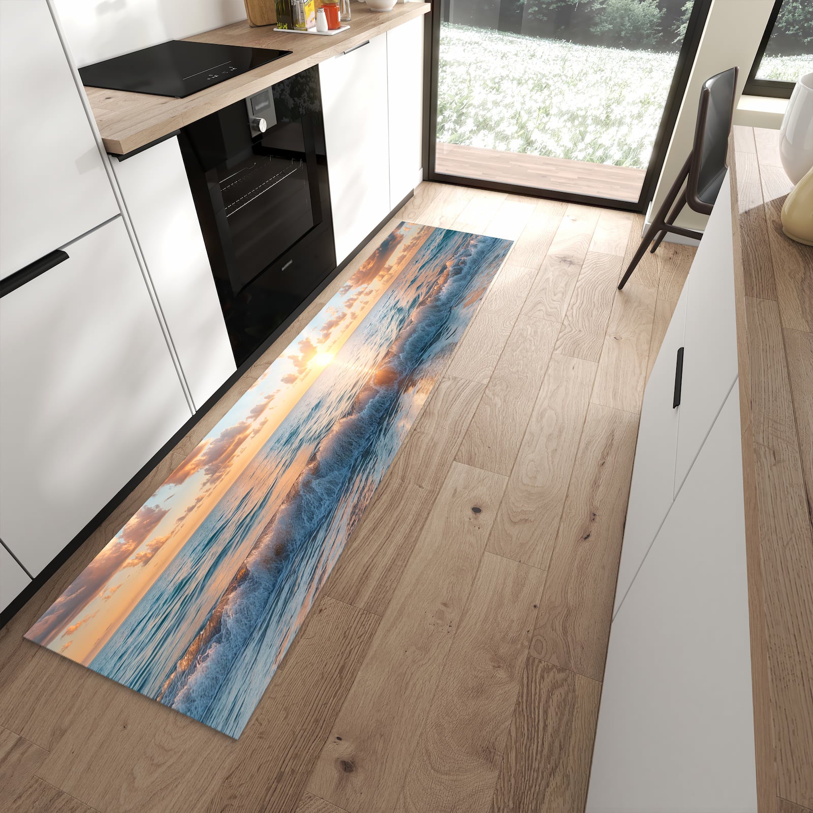 Waschbarer Küchenteppich mit Motiv Strand Sonnenuntergang in moderner Küche