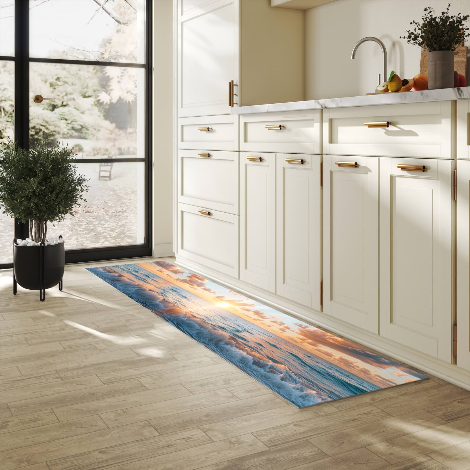 Fleckenresistenter waschbarer Läufer mit Motiv Strand Sonnenuntergang in heller Küche