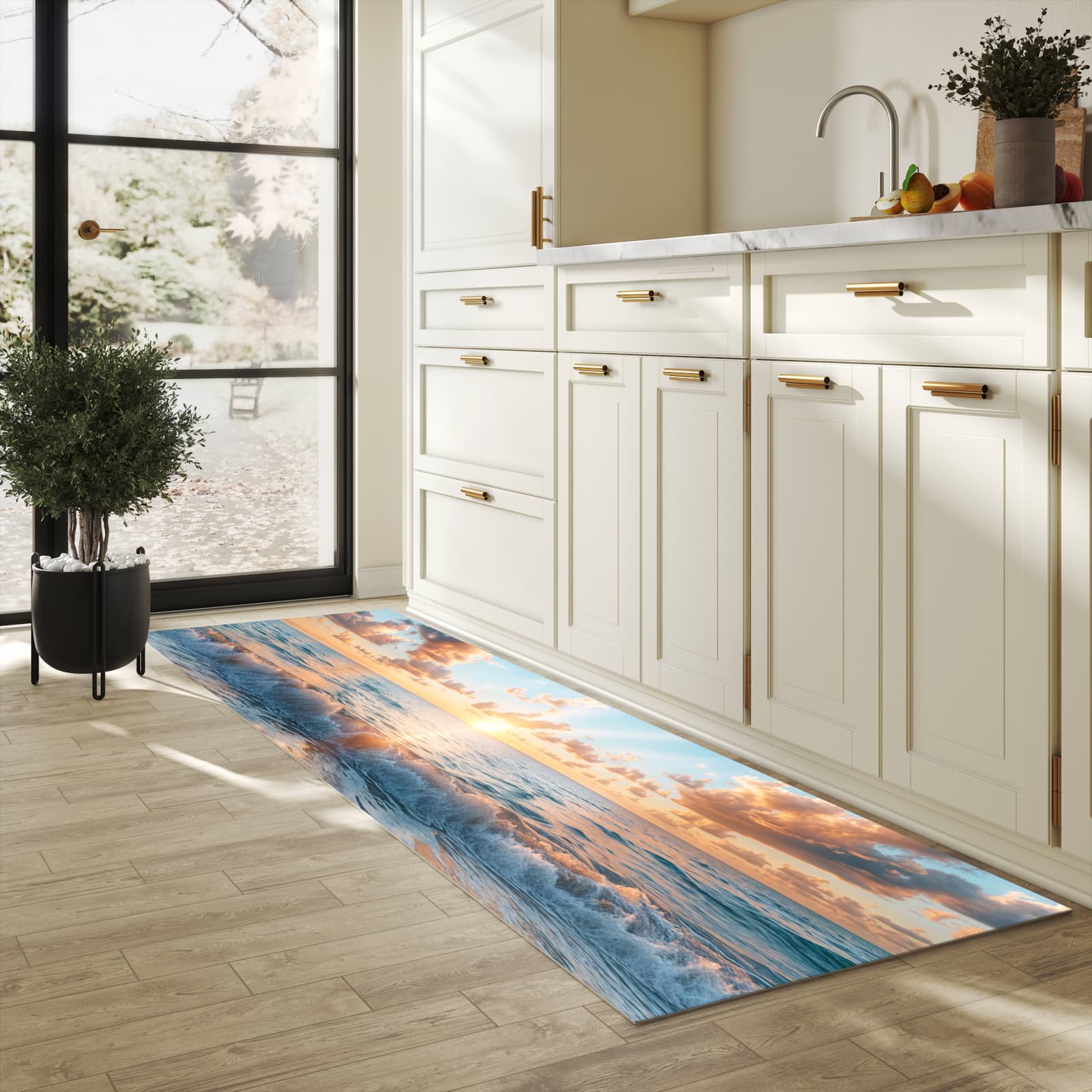 Pflegeleichter dünner Teppich mit Motiv Strand Sonnenuntergang in heller Küche