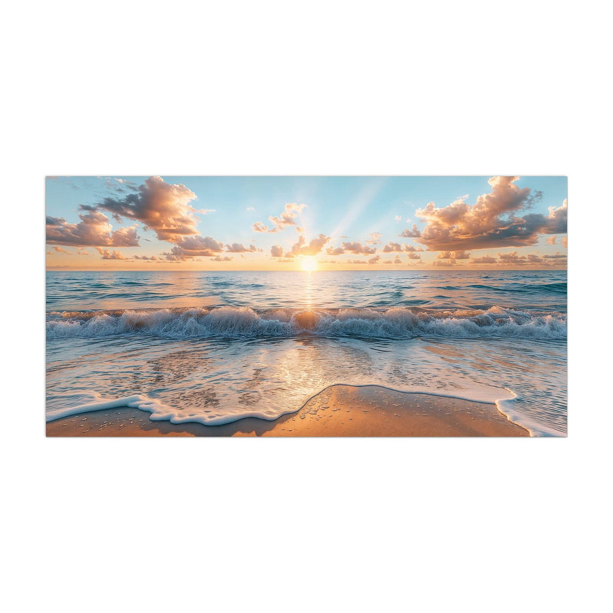 Küchenrückwand aus Glas Sonne über der Brandung im Hochformat, Motiv bildfüllend von vorn