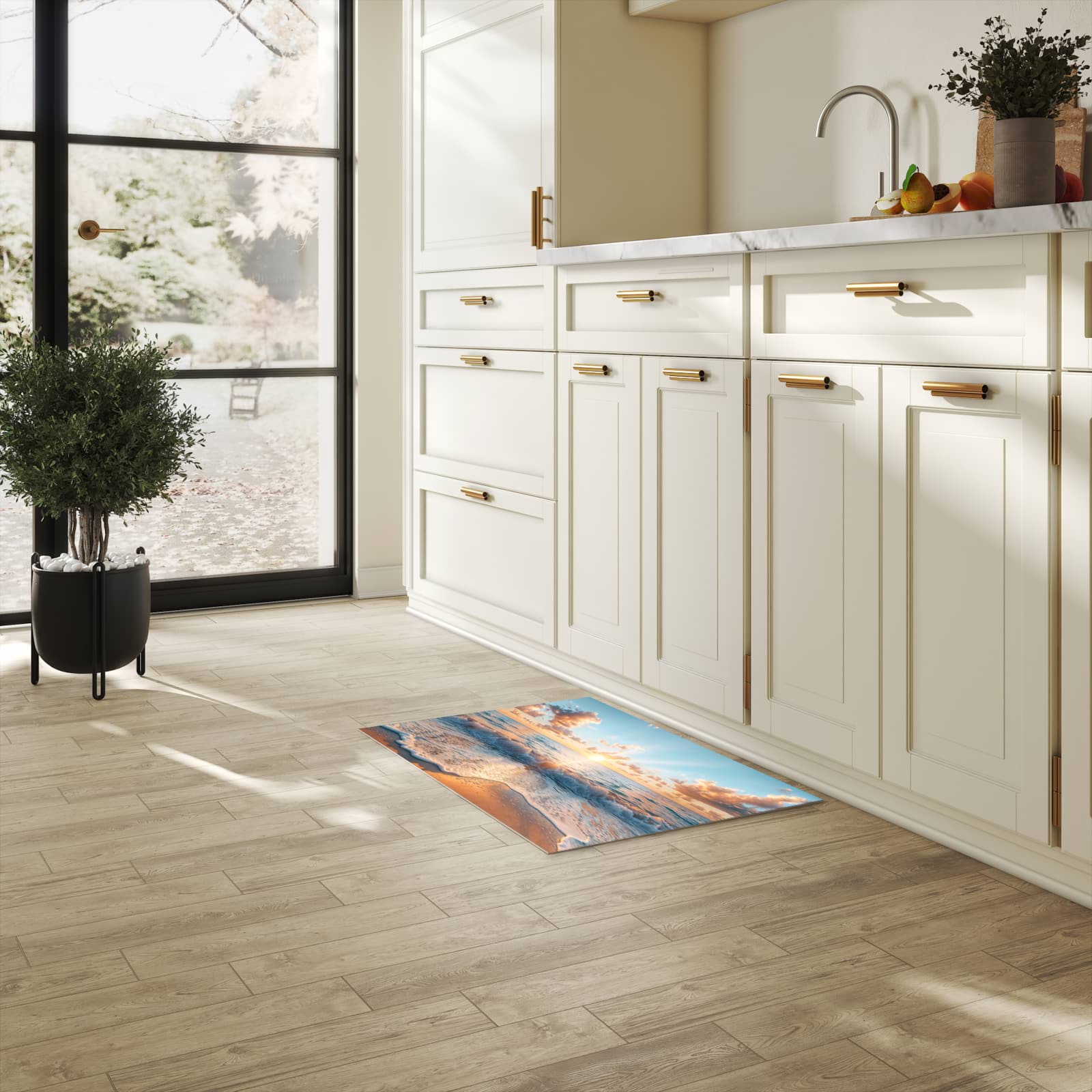 Geruchsneutraler langer Teppich mit Motiv Strand Sonnenuntergang in heller Küche