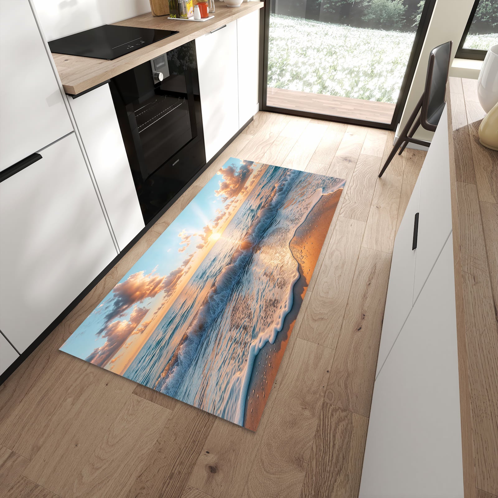 Formstabiler Läufer mit Motiv Strand Sonnenuntergang in moderner Küche für rutschfesten Stand