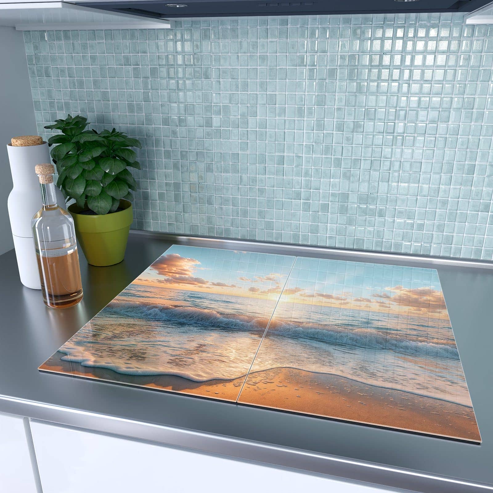2-teilige Abdeckplatten für Ceranfeld mit Strand Sonnenuntergang-Motiv auf dem Ceranfeld