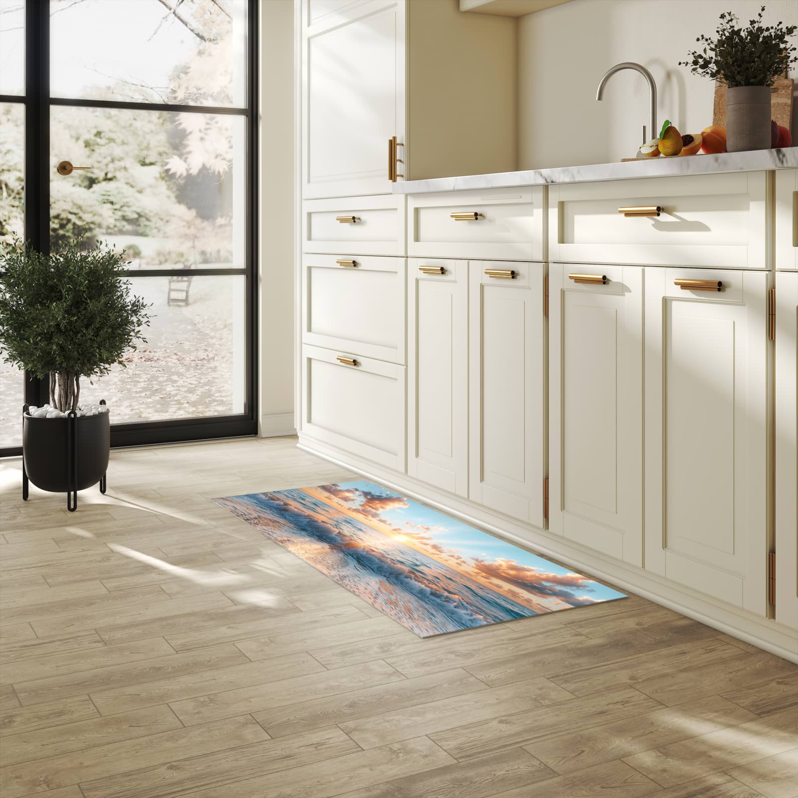 UV-beständiger Küchenläufer mit Motiv Strand Sonnenuntergang in heller Küche