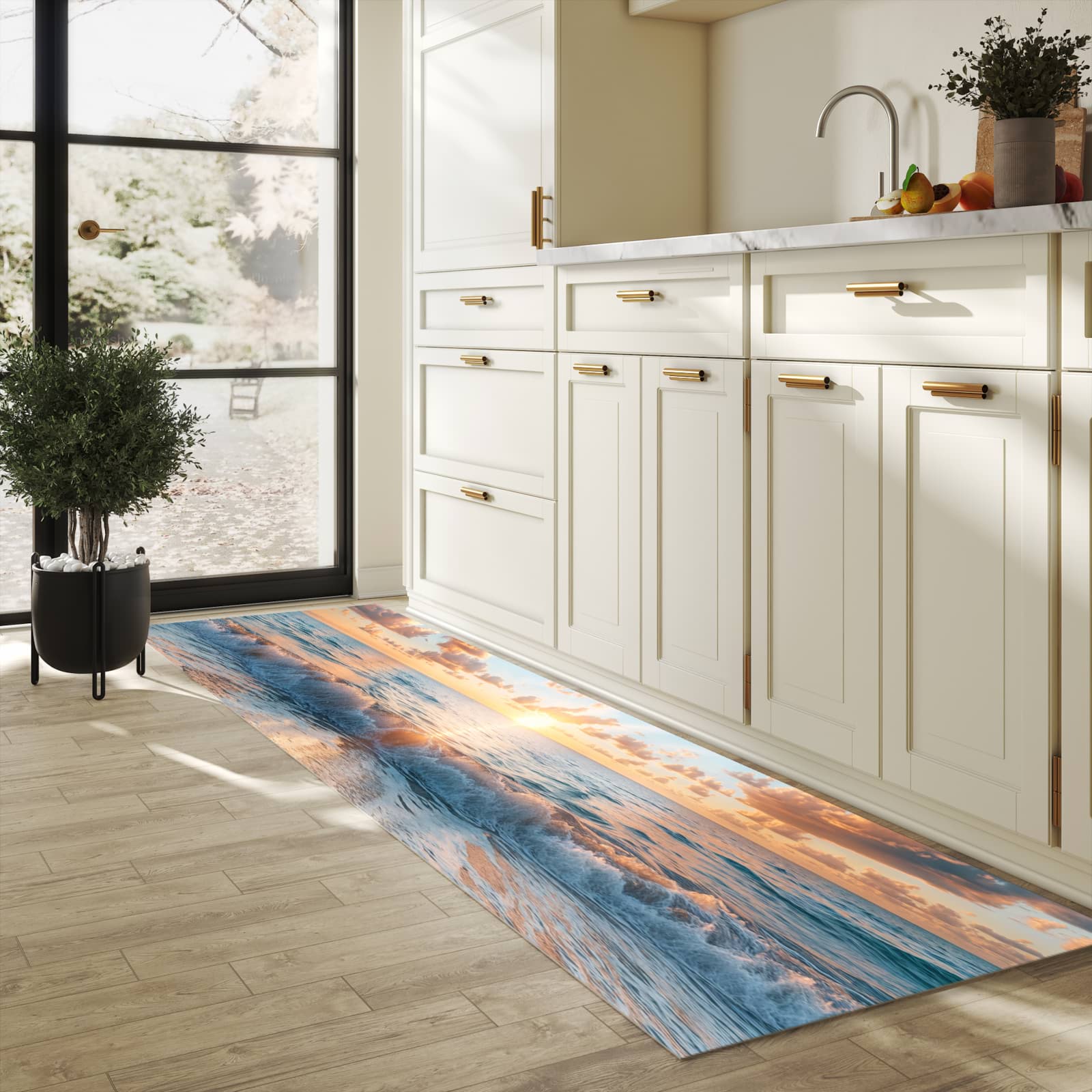 Komfortabler rutschfester Küchenteppich mit Motiv Strand Sonnenuntergang in heller Küche
