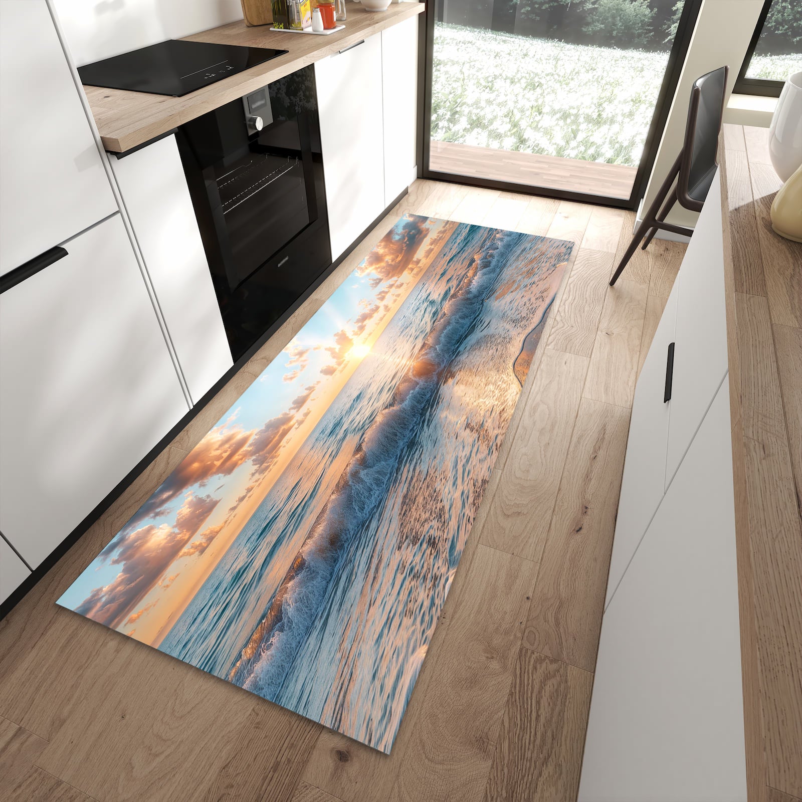Dünner Küchenteppich mit Motiv Strand Sonnenuntergang in moderner Küche für sicheres Aufbewahren