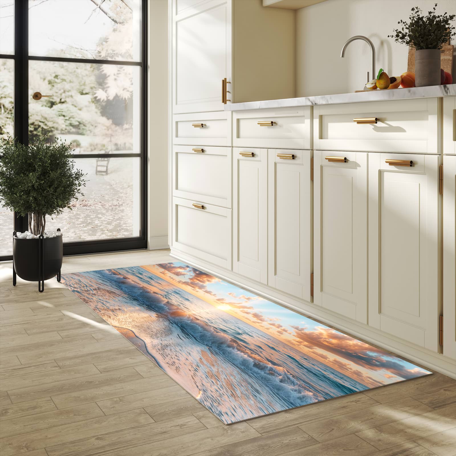 Waschbarer Teppich fürs Esszimmer mit Motiv Strand Sonnenuntergang in heller Küche