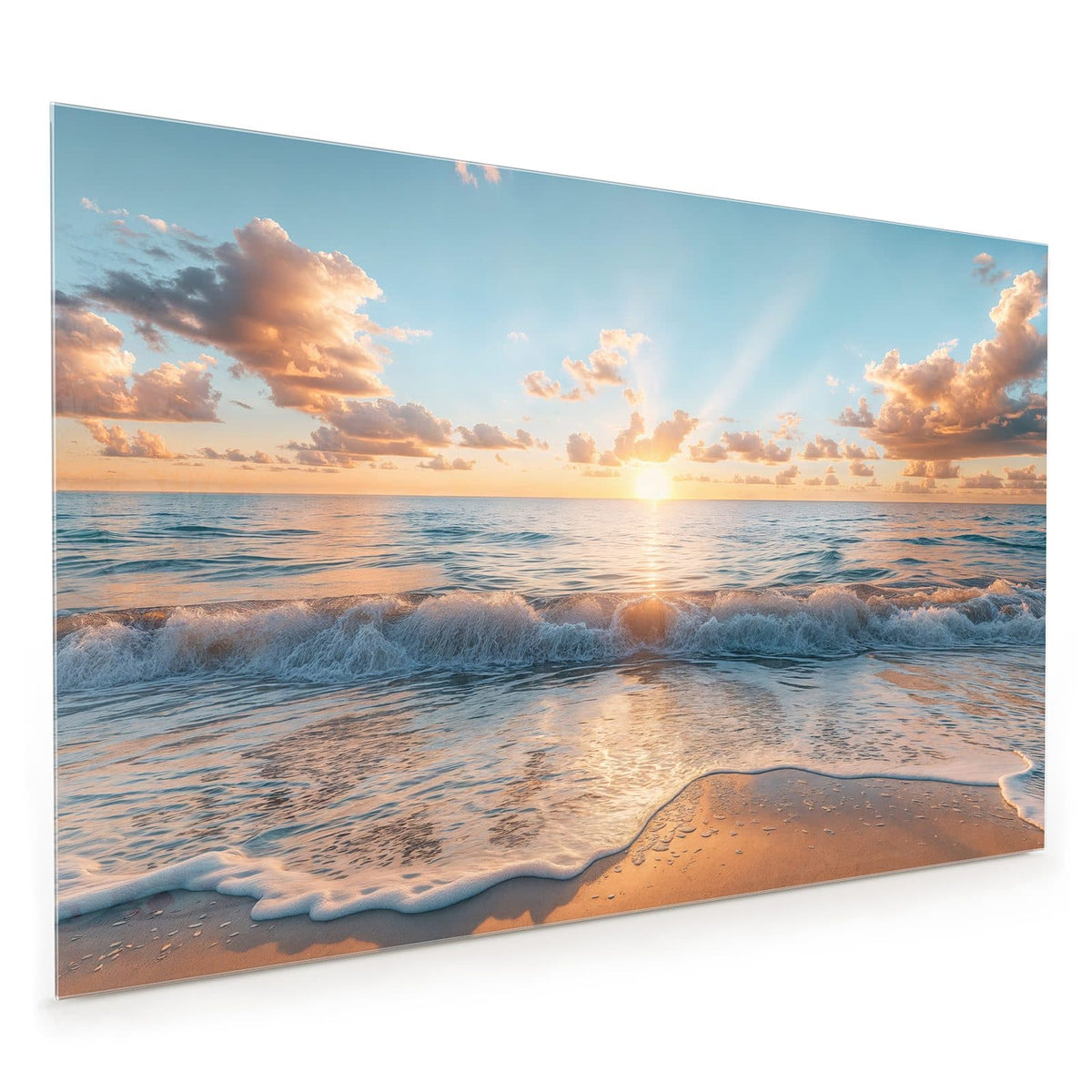 Küchenrückwand aus Glas im Hochformat mit Motiv Sonne über der Brandung: Kleine helle Sonne knapp über dem Horizont