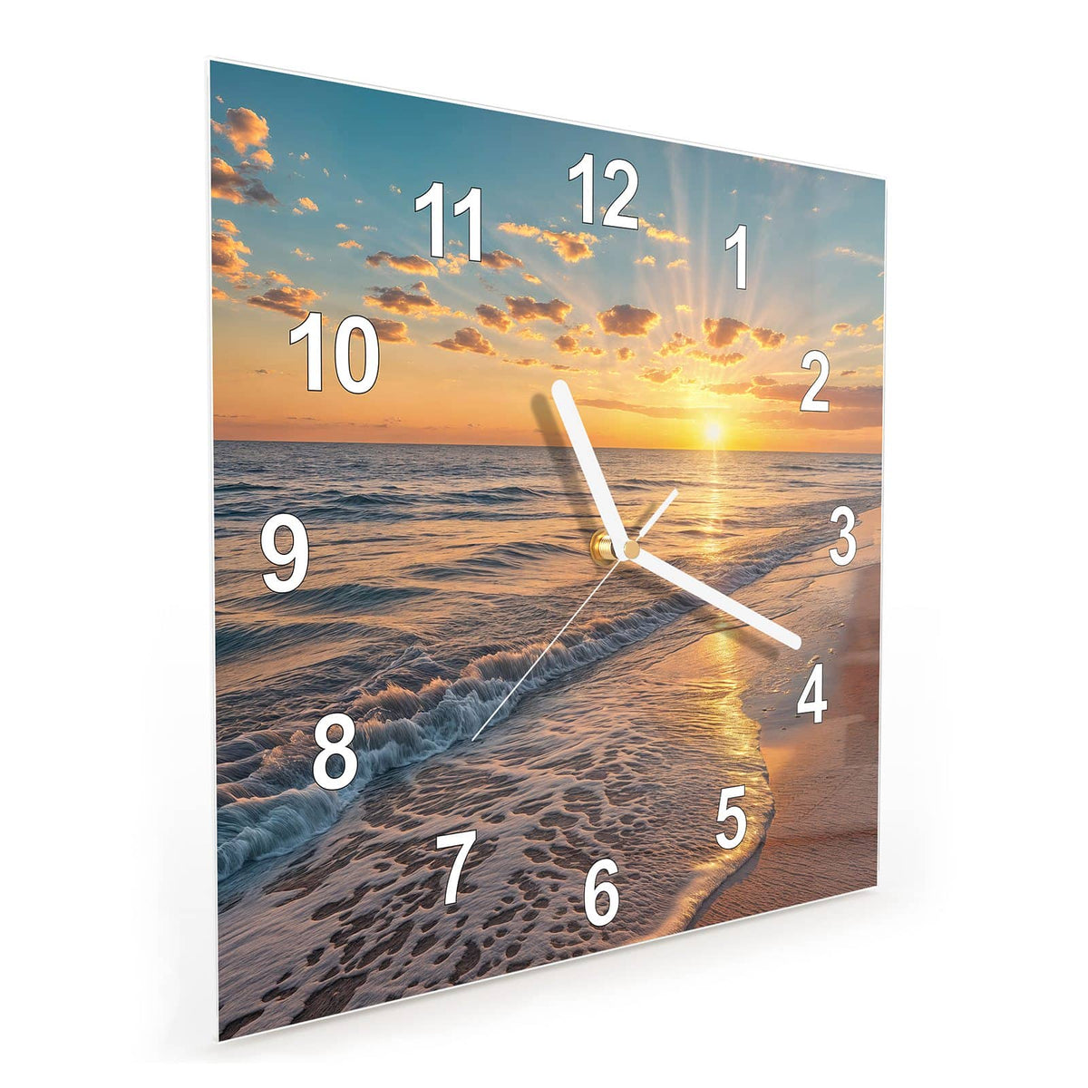 Quadratische Wanduhr aus Glas Abendsonne am Strand schräg von der Seite, 4 mm starkes Glas