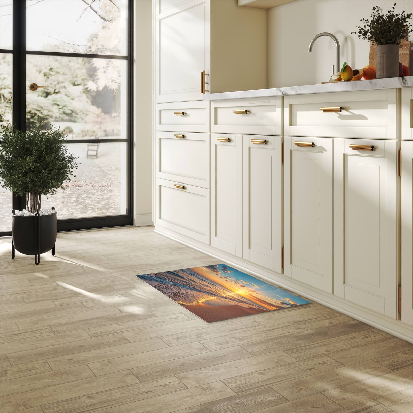 Küchenteppich mit Motiv Sonnenaufgang Meer für Ordnung & Übersicht in heller Küche