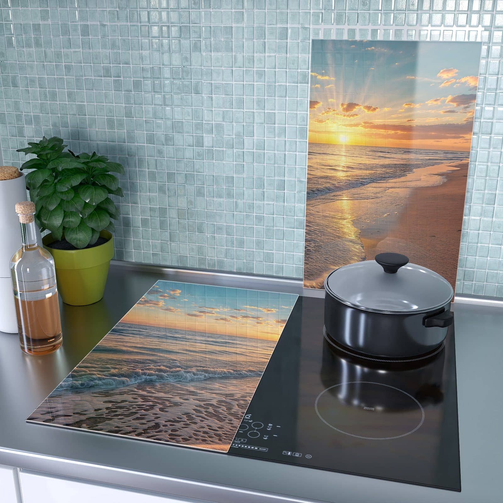 2-teilige Herdabdeckplatte Induktion mit Sonnenaufgang Meer-Motiv als Spritzschutz hinter dem Kochfeld
