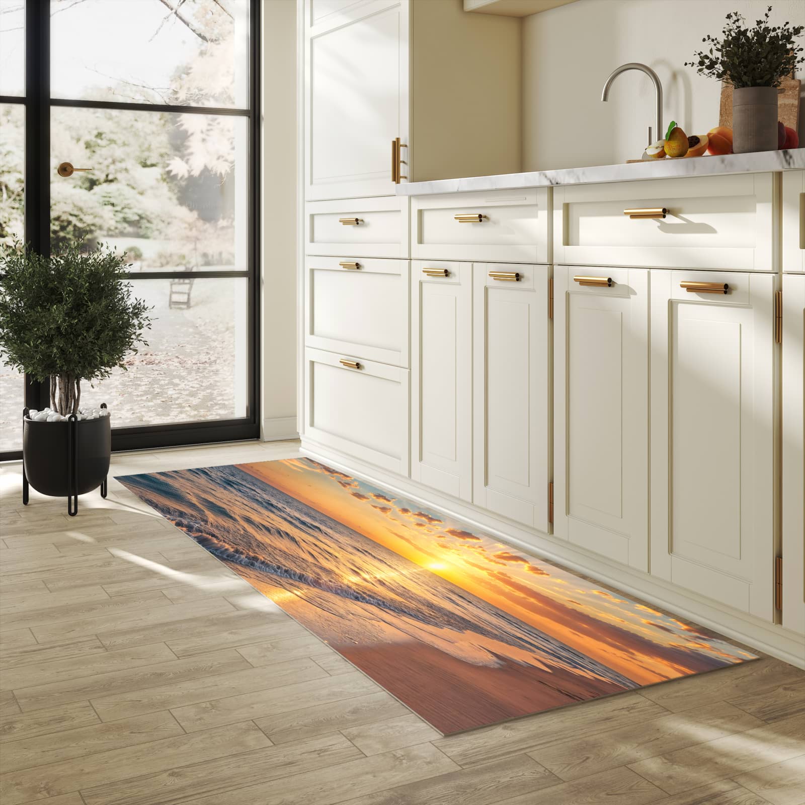Farbbeständiger Läufer für die Küche mit Motiv Sonnenaufgang Meer in heller Küche