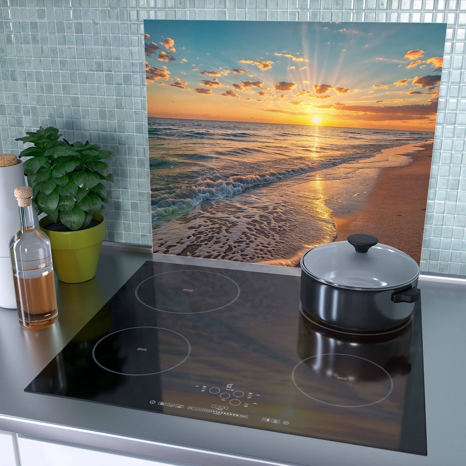 1-teilige Abdeckplatte für Ceranfeld mit Sonnenaufgang Meer-Motiv als Spritzschutz hinter dem Kochfeld